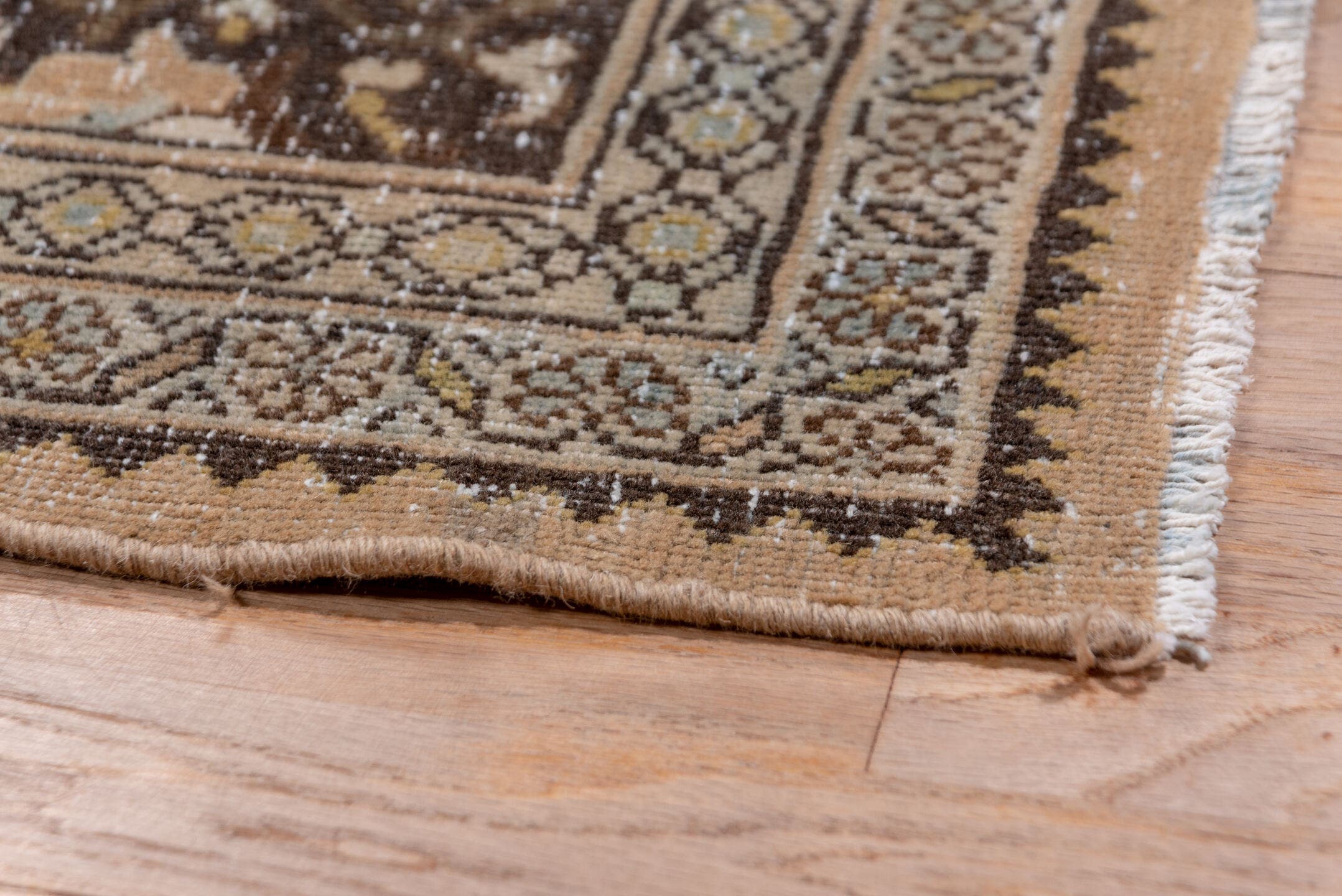 9' x 12' one-of-a-kind handmade antique Mahal large size rug. Color palette: camel, brown, ivory, taupe, beige, charcoal