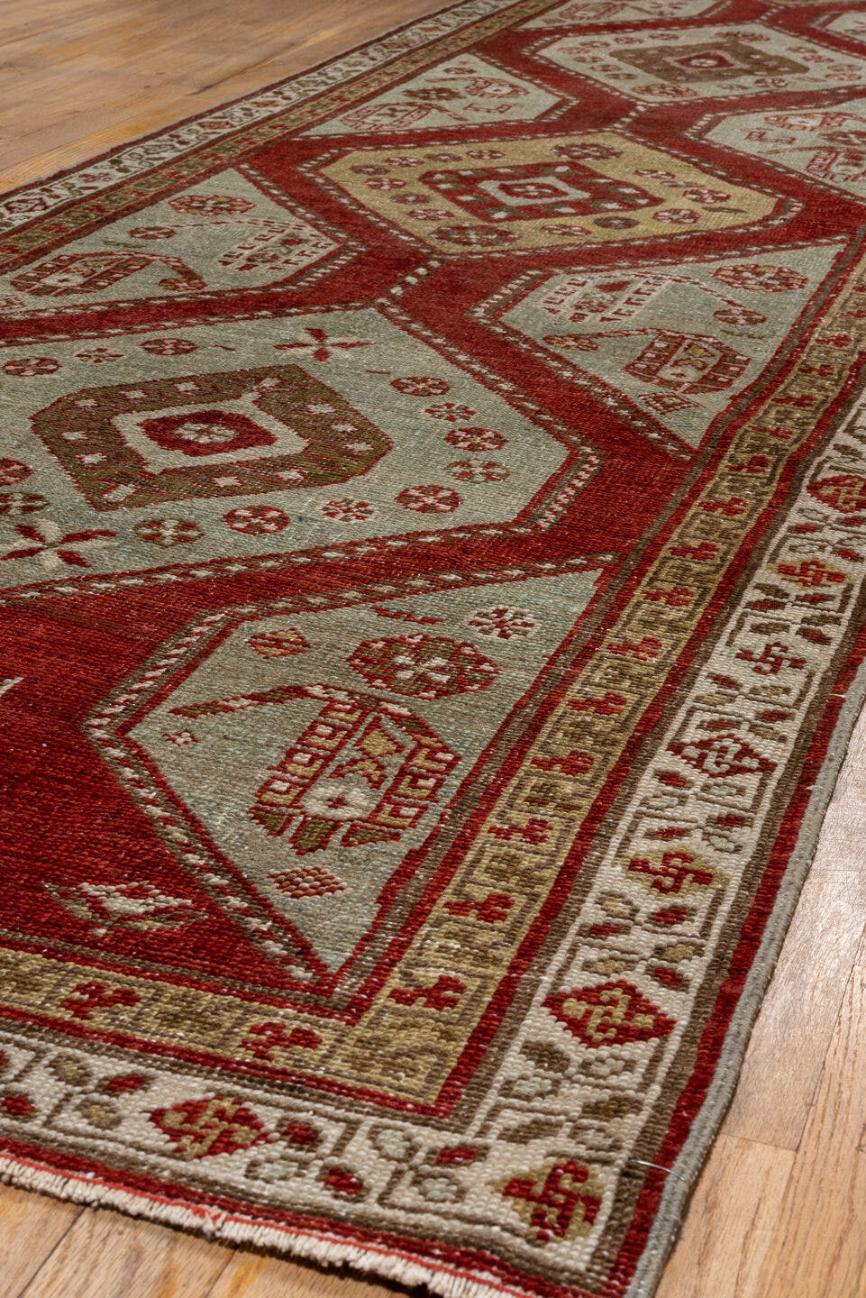 3' x 15' one-of-a-kind handmade antique Oushak runner rug. Color palette: crimson, ivory, taupe, camel, rose, red, beige
