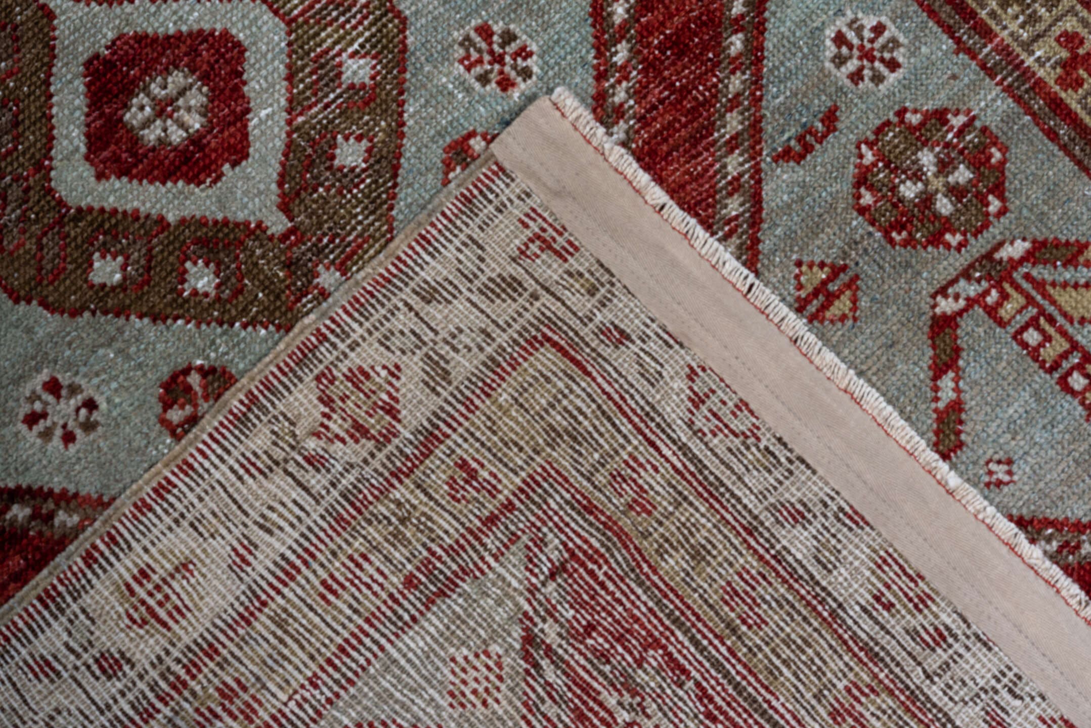3' x 15' one-of-a-kind handmade antique Oushak runner rug. Color palette: crimson, ivory, taupe, camel, rose, red, beige