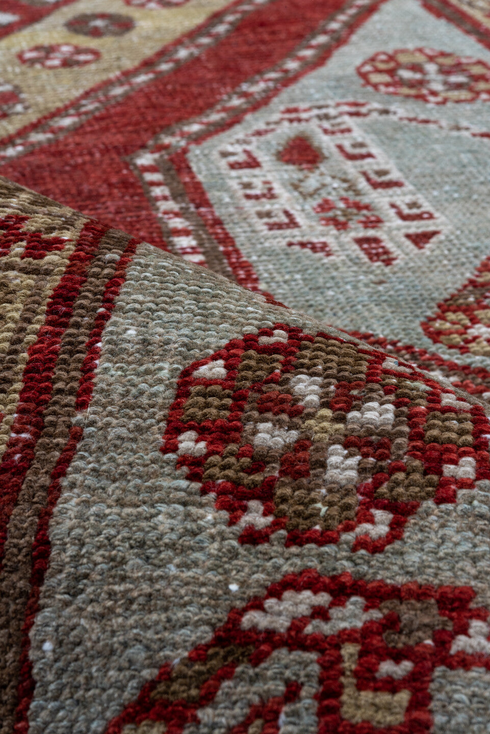 3' x 15' one-of-a-kind handmade vintage Oushak runner rug. Color palette: brown, gray, light gray, off-white, pink, red