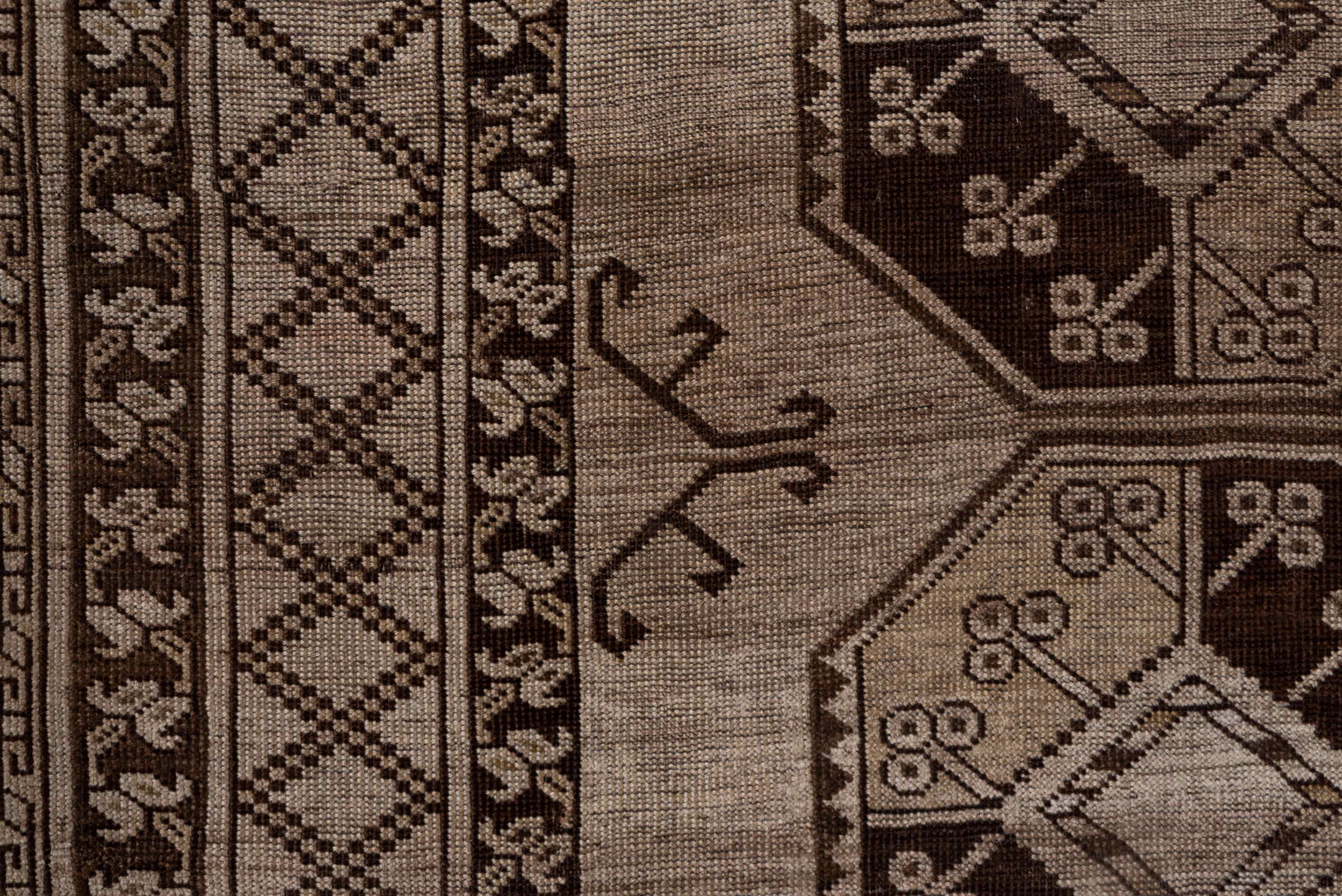 7' x 15' one-of-a-kind handmade antique Afghan rug. Color palette: taupe, brown, camel, ivory, charcoal, beige, gray, black