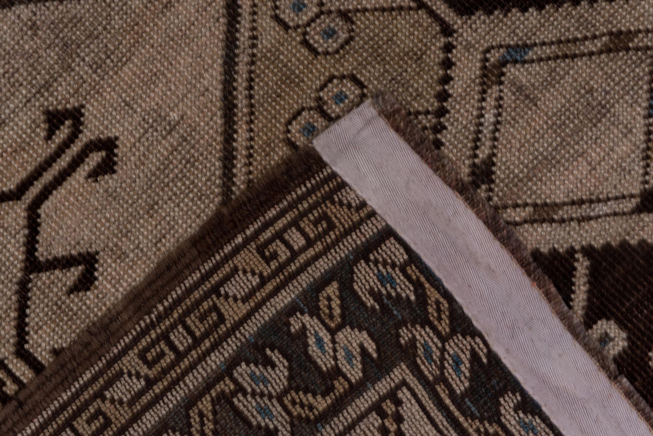 7' x 15' one-of-a-kind handmade antique Afghan rug. Color palette: taupe, brown, camel, ivory, charcoal, beige, gray, black