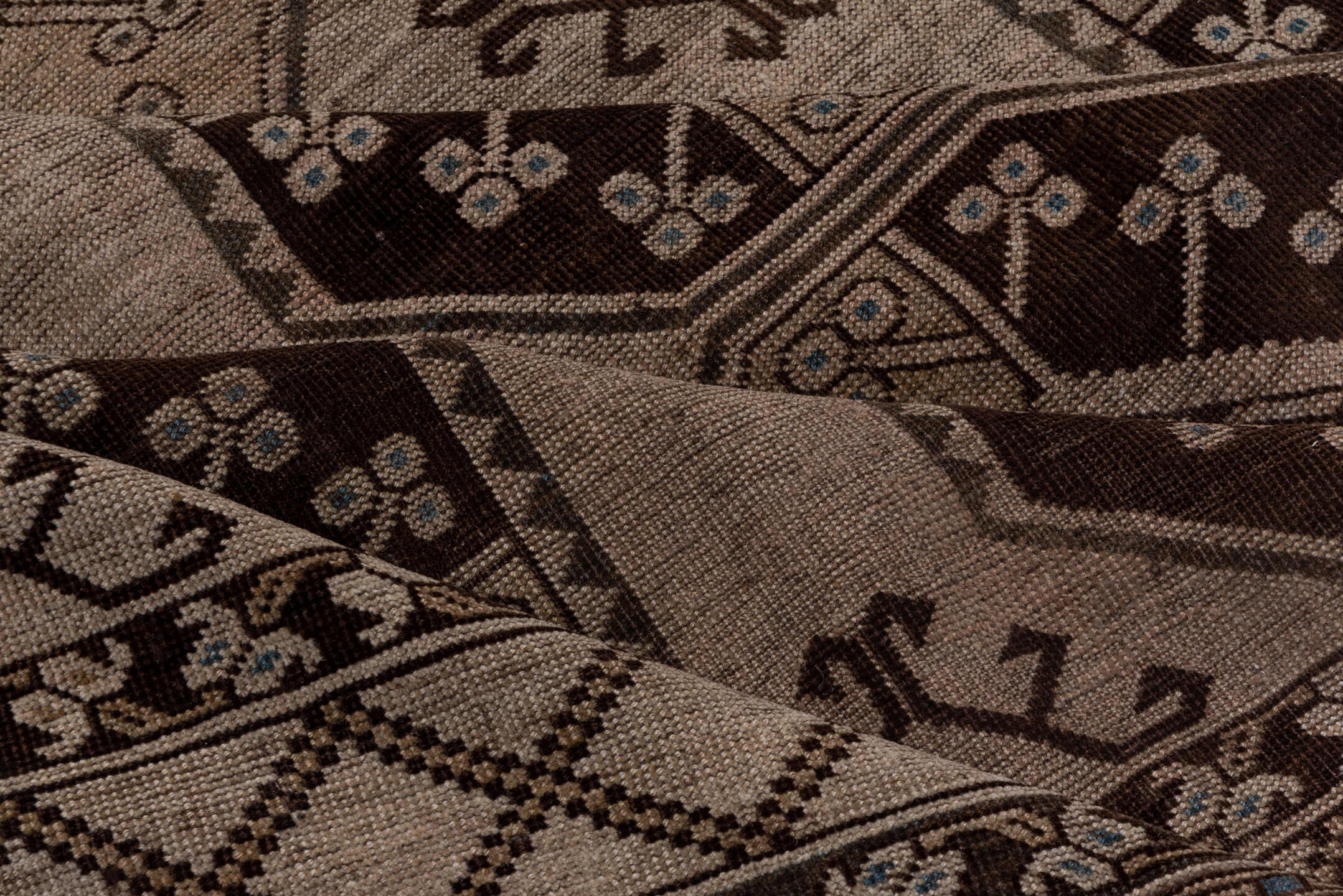 7' x 15' one-of-a-kind handmade antique Afghan rug. Color palette: taupe, brown, camel, ivory, charcoal, beige, gray, black