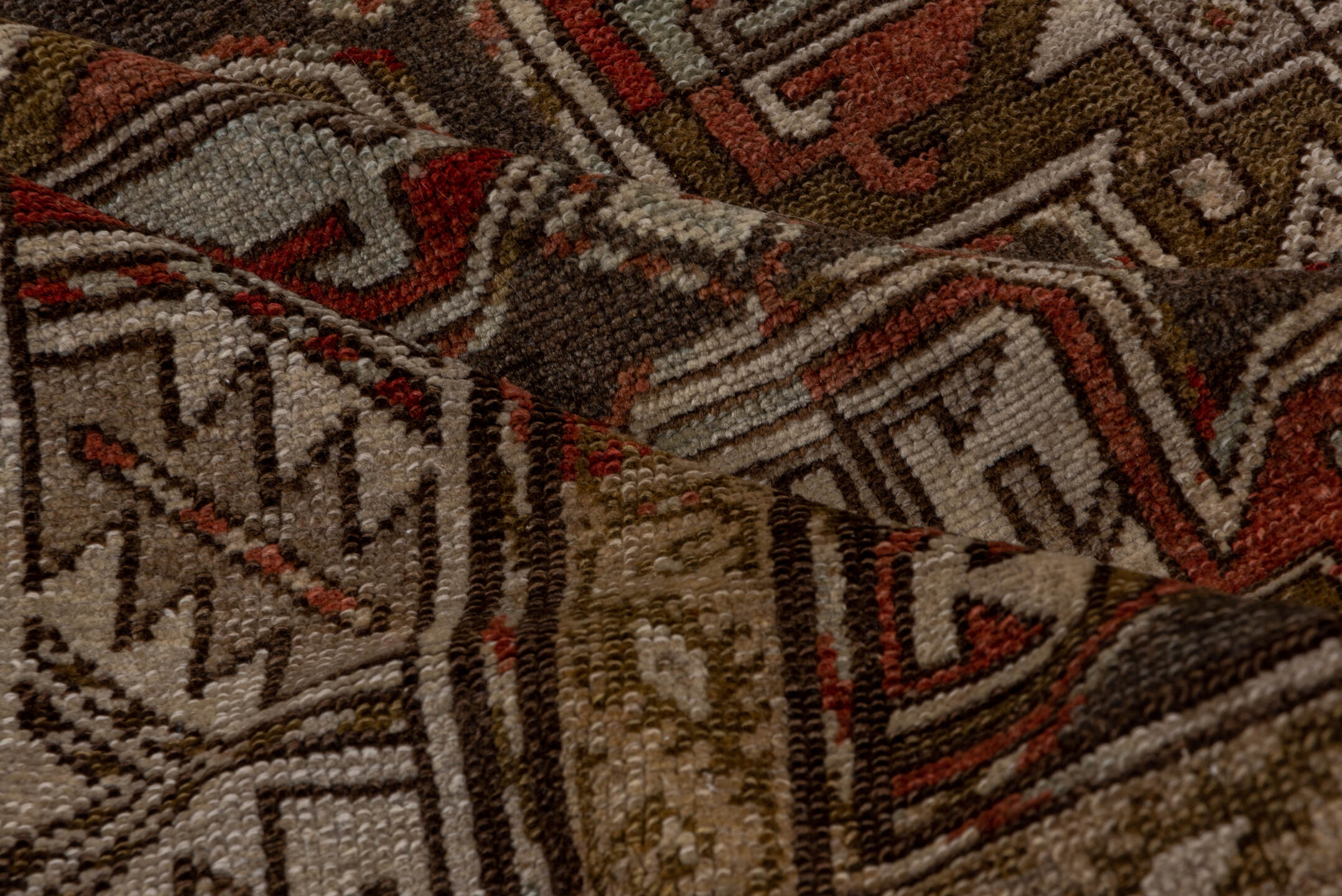 3' x 9' one-of-a-kind handmade vintage Malayer runner rug. Color palette: brown, gray, off-white, red, snow, white