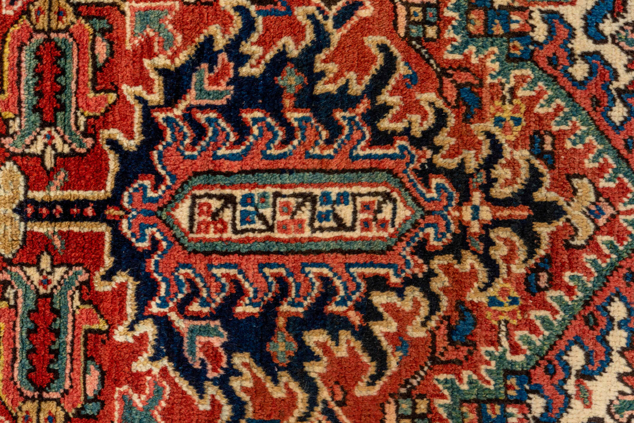 8' x 10' one-of-a-kind handmade antique Heriz large size rug. Color palette: rust, ivory, navy, terracotta, sage, coral