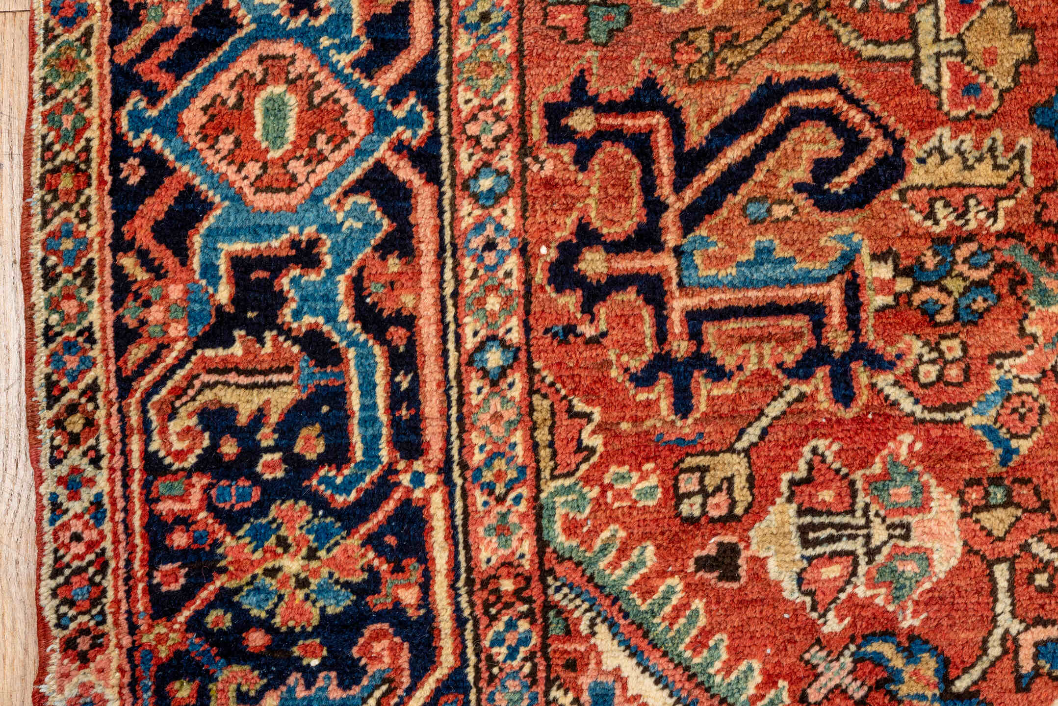 8' x 10' one-of-a-kind handmade antique Heriz large size rug. Color palette: rust, ivory, navy, terracotta, sage, coral