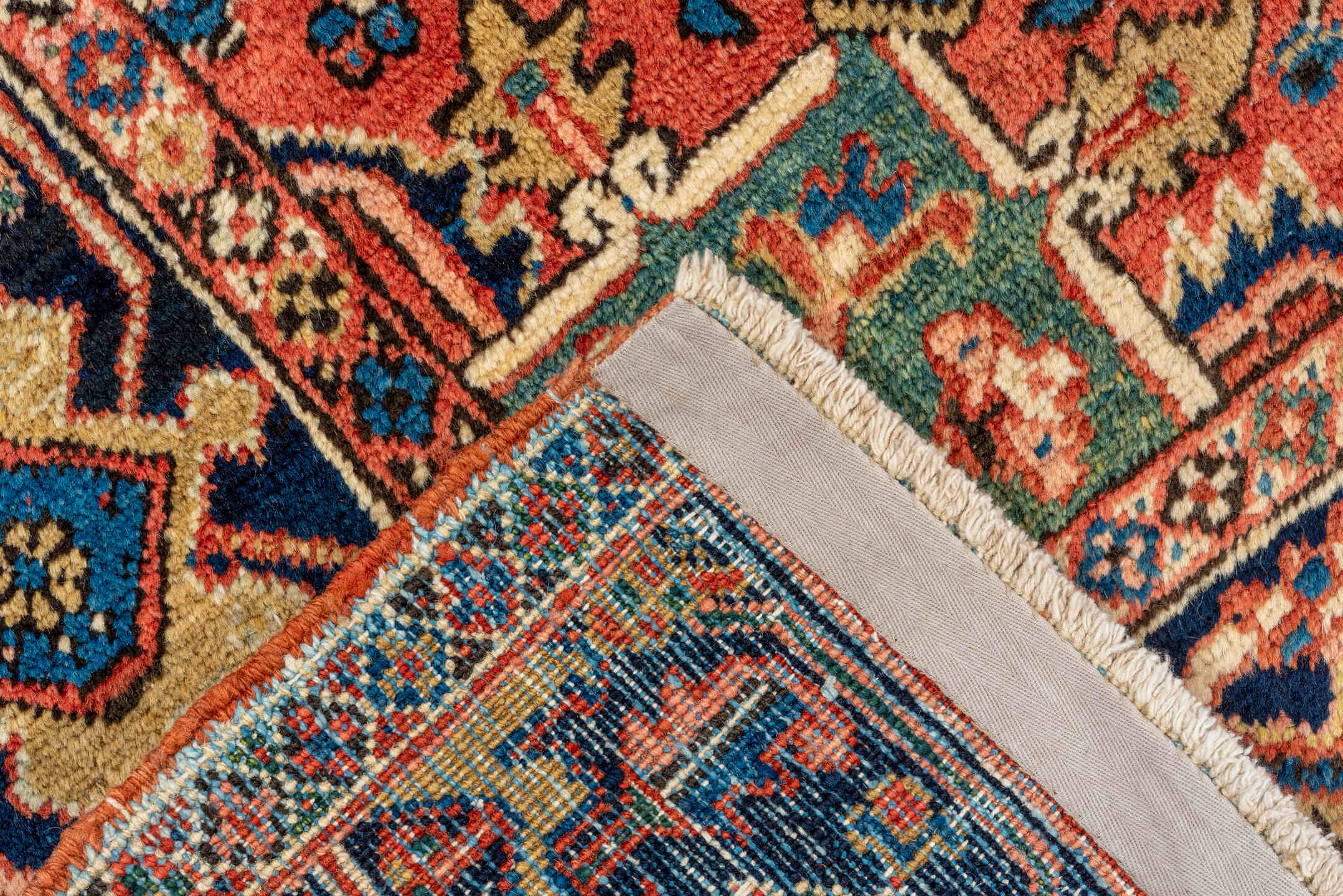 8' x 10' one-of-a-kind handmade vintage Heriz large size rug. Color palette: blue, brown, gray, off-white, orange, pink, red