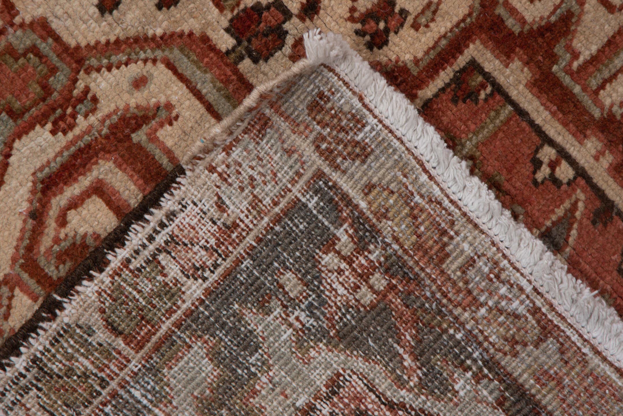 9' x 12' one-of-a-kind handmade vintage Heriz large size rug. Color palette: rust, terracotta, ivory, slate, taupe, brown