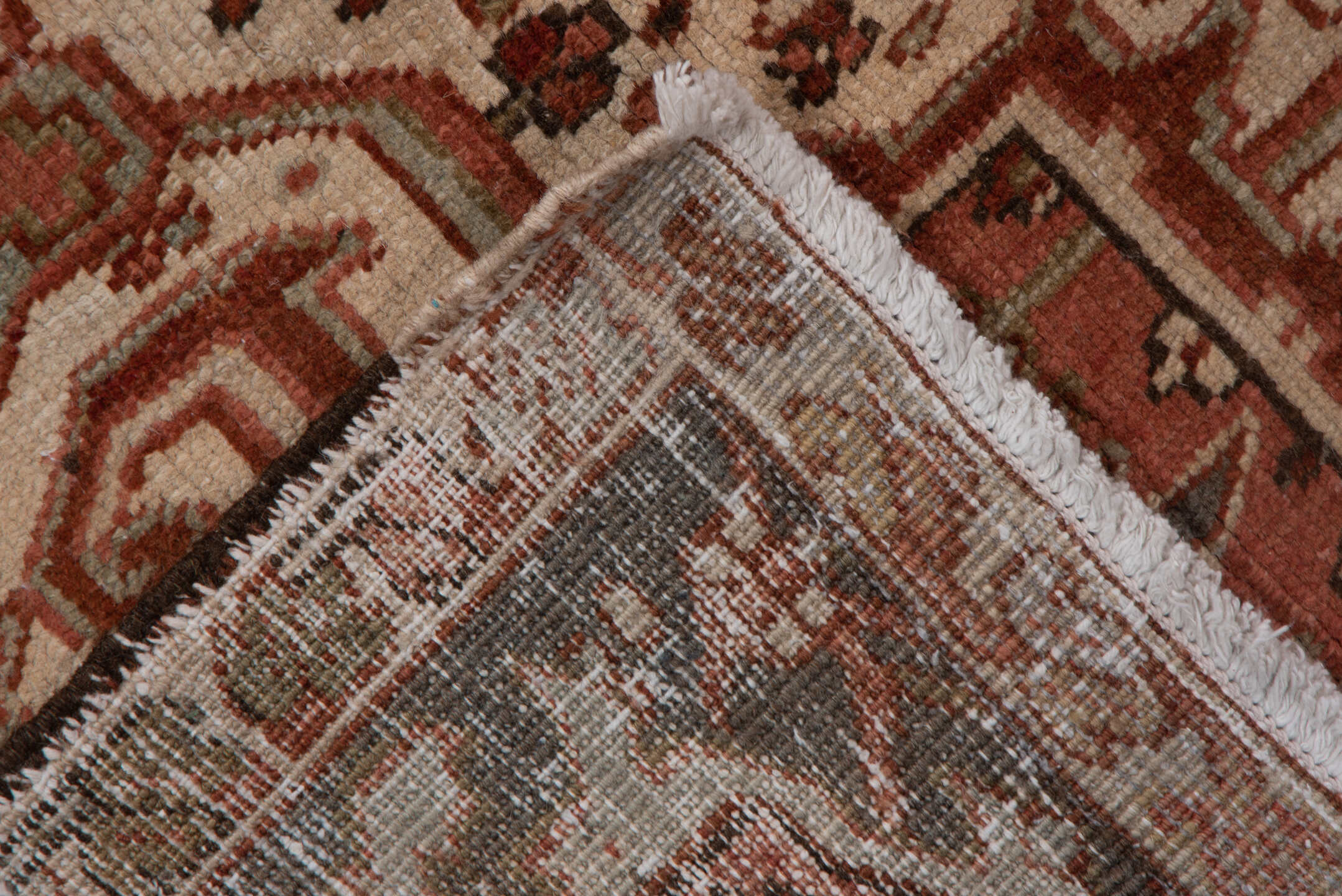9' x 12' one-of-a-kind handmade vintage Heriz large size rug. Color palette: brown, gray, orange, pink, tan
