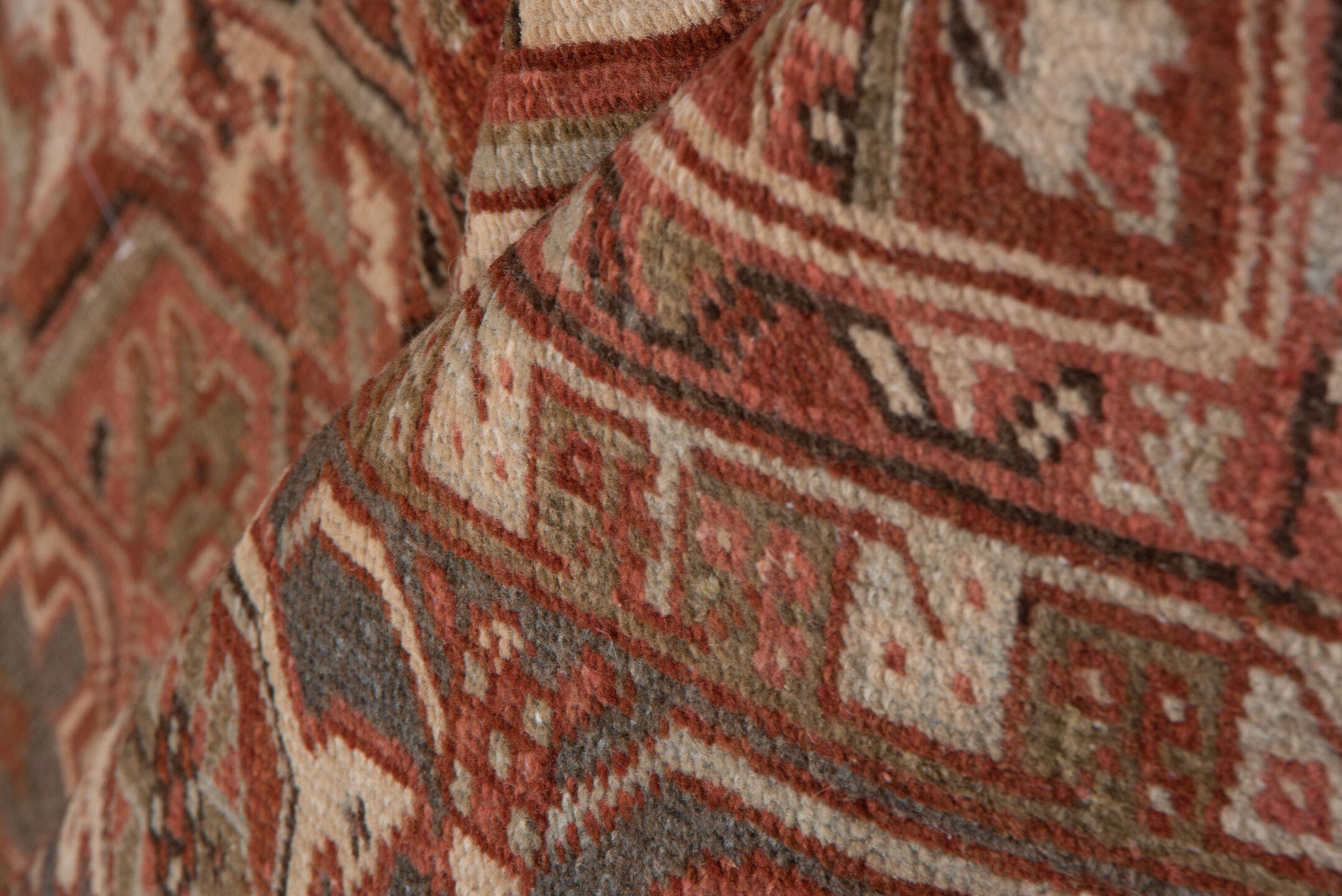 9' x 12' one-of-a-kind handmade vintage Heriz large size rug. Color palette: rust, terracotta, ivory, slate, taupe, brown
