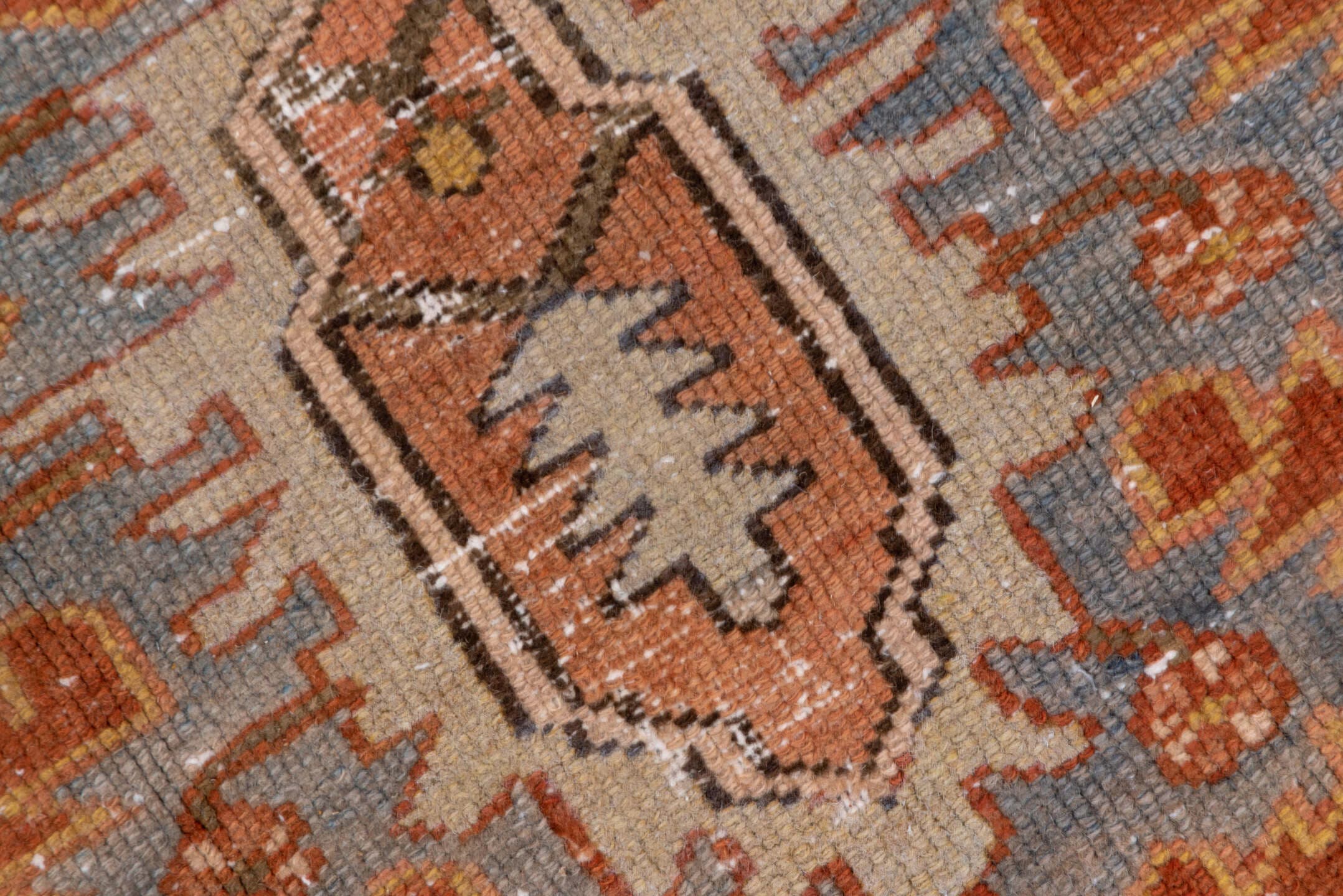 8' x 10' one-of-a-kind handmade antique Serapi large size rug. Color palette: terra cotta, light blue, ivory, rust, taupe