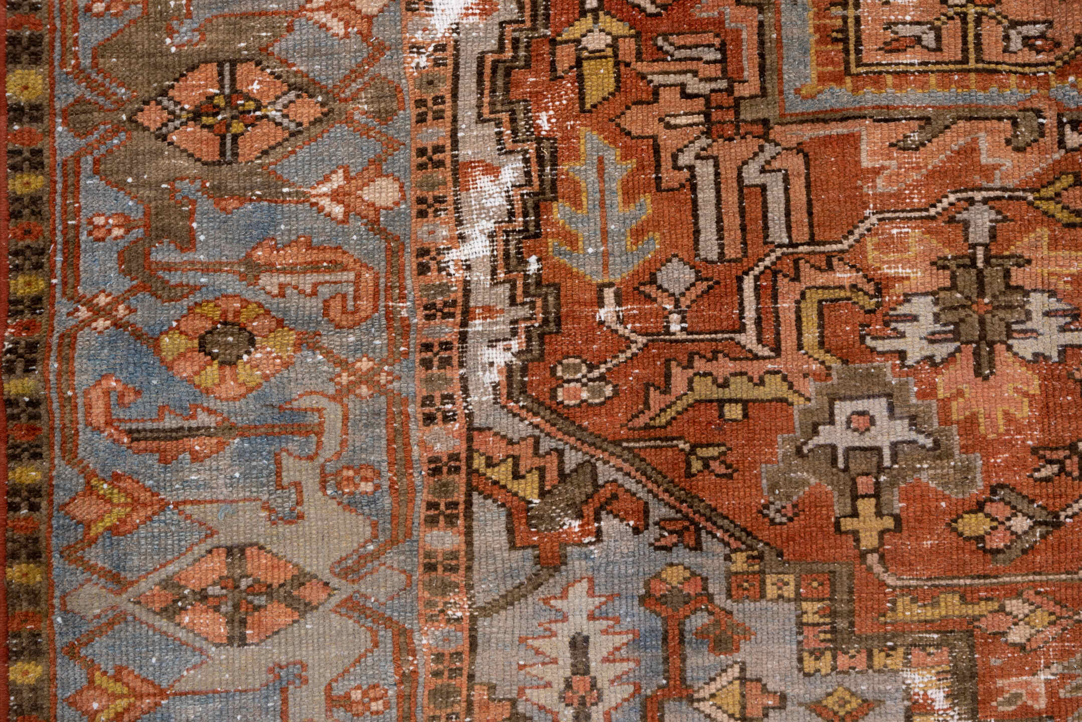 8' x 10' one-of-a-kind handmade antique Serapi large size rug. Color palette: terra cotta, light blue, ivory, rust, taupe