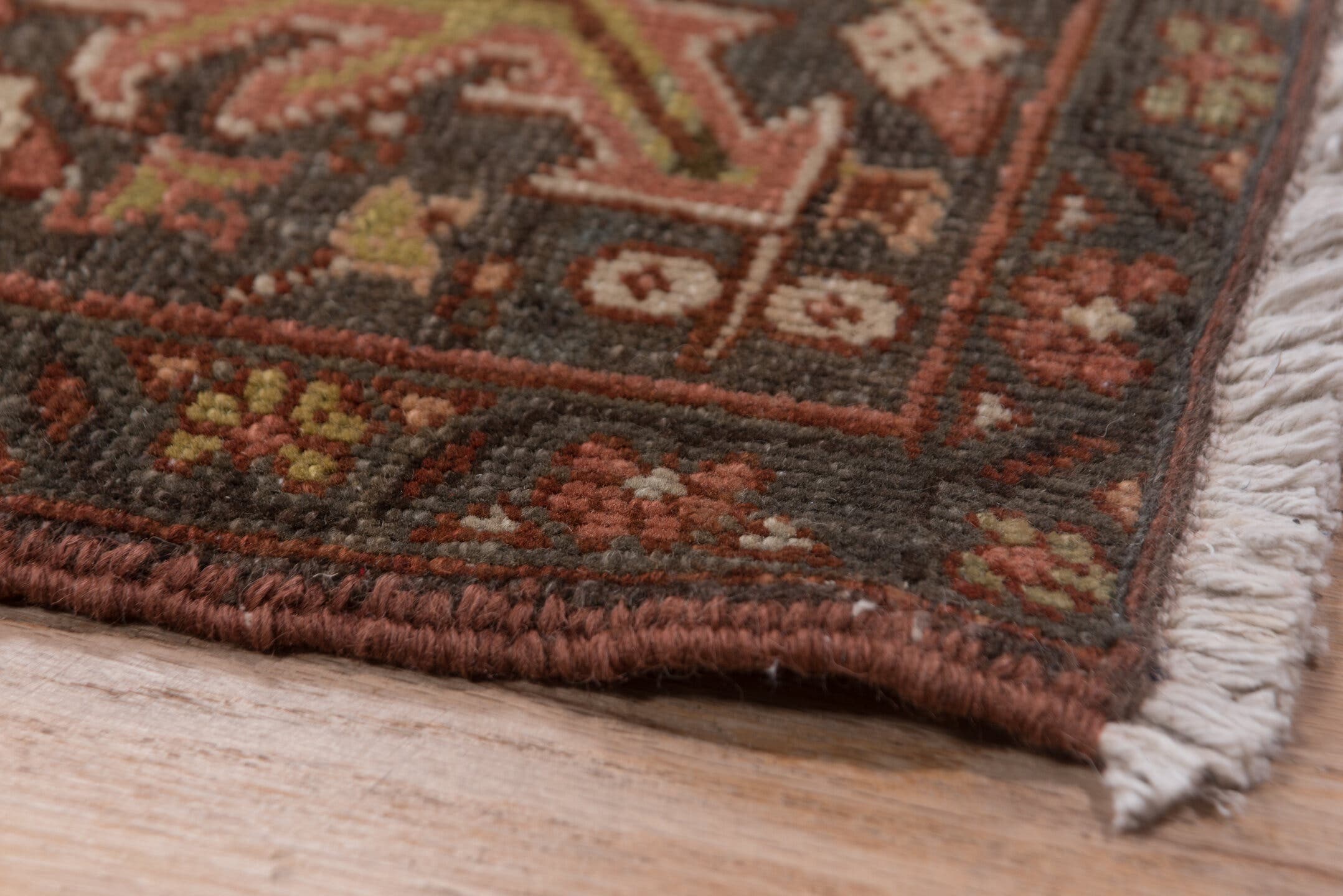 8' x 11' one-of-a-kind handmade antique Heriz large size rug. Color palette: rust, ivory, charcoal, terra cotta, olive