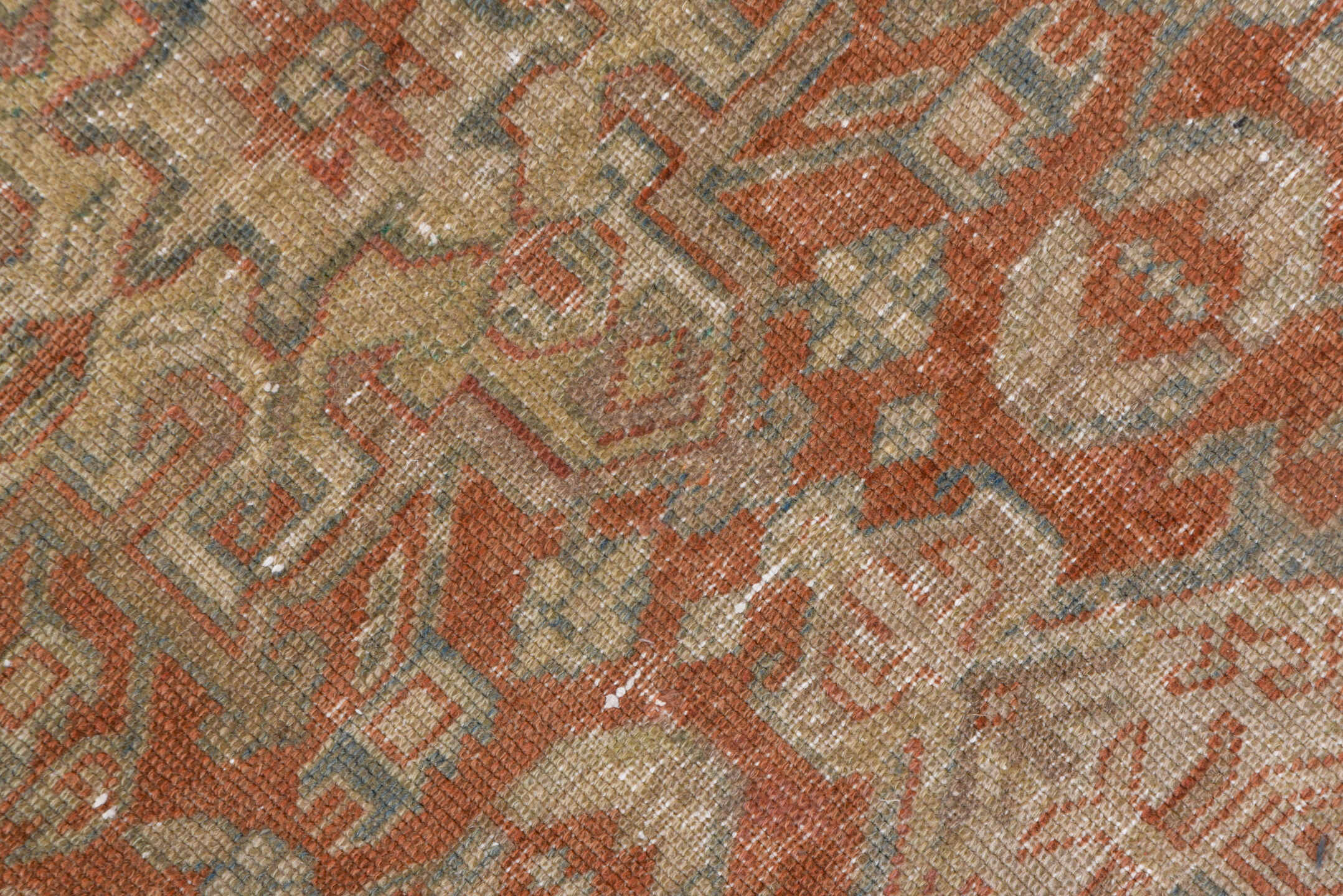 7' x 10' one-of-a-kind handmade antique Karaje large size rug. Color palette: terra cotta, taupe, beige, ivory, slate, camel