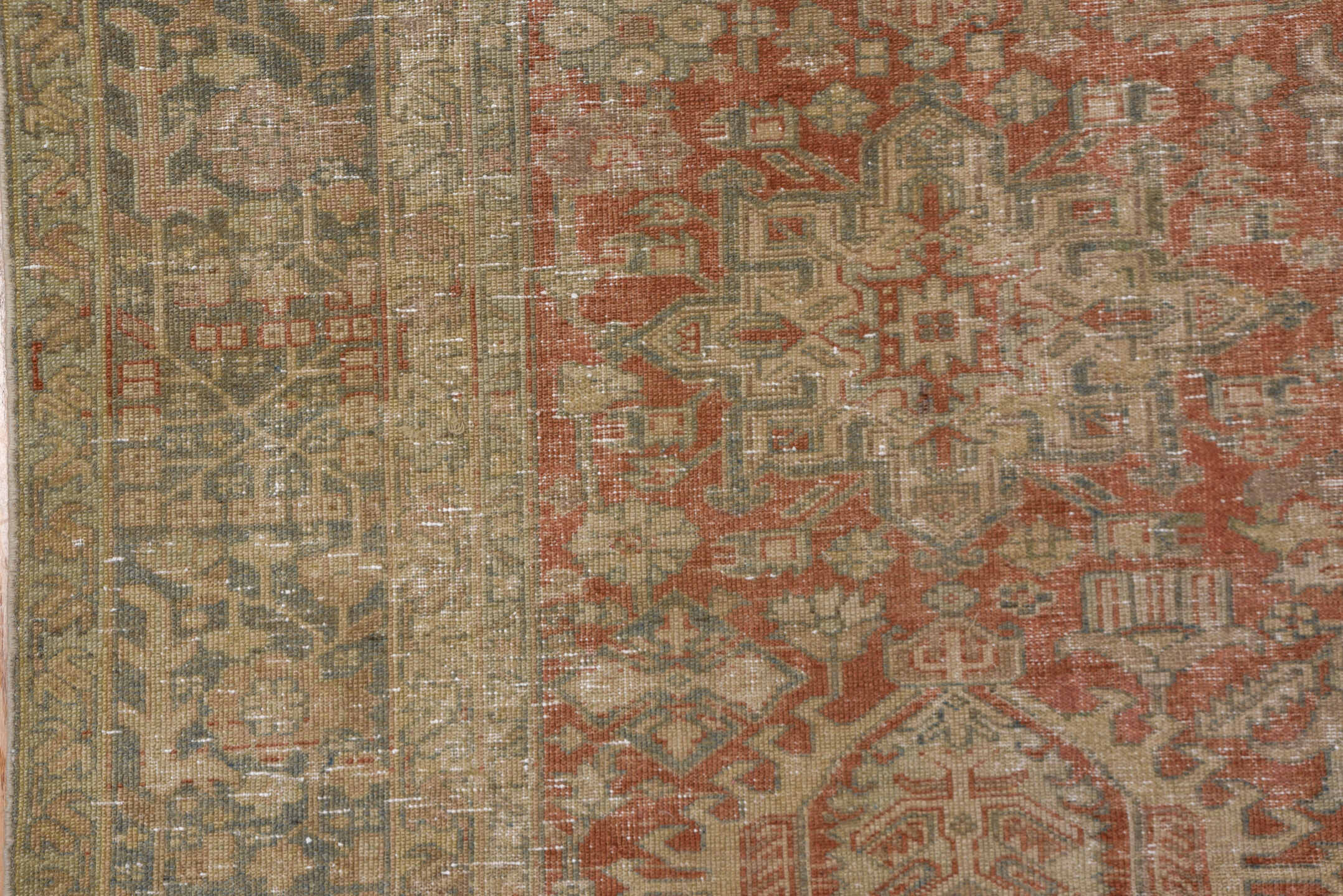 7' x 10' one-of-a-kind handmade antique Karaje large size rug. Color palette: terra cotta, taupe, beige, ivory, slate, camel
