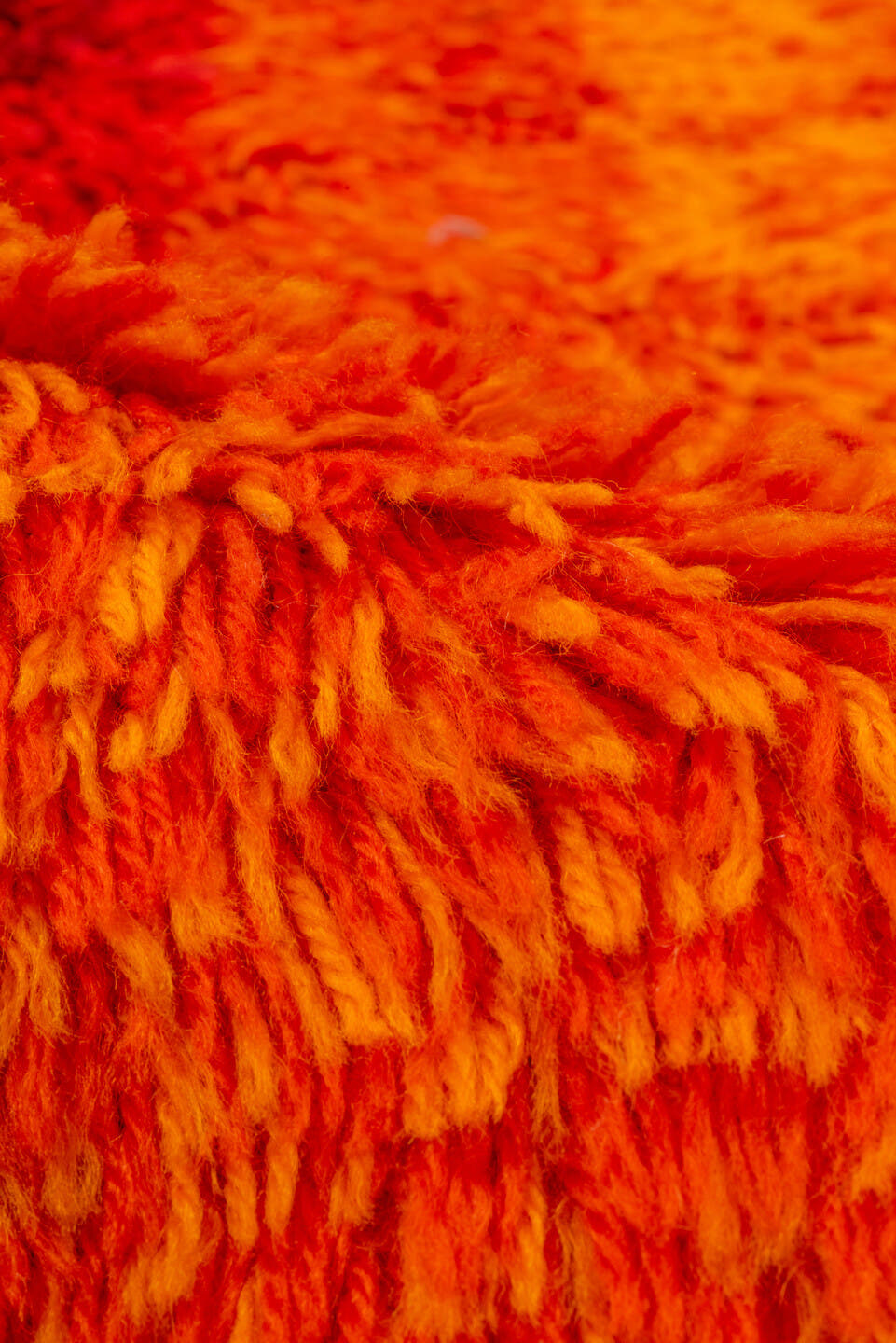 8' x 11' one-of-a-kind handmade vintage Shag large size rug. Color palette: red, orange, crimson, coral, burgundy, peach