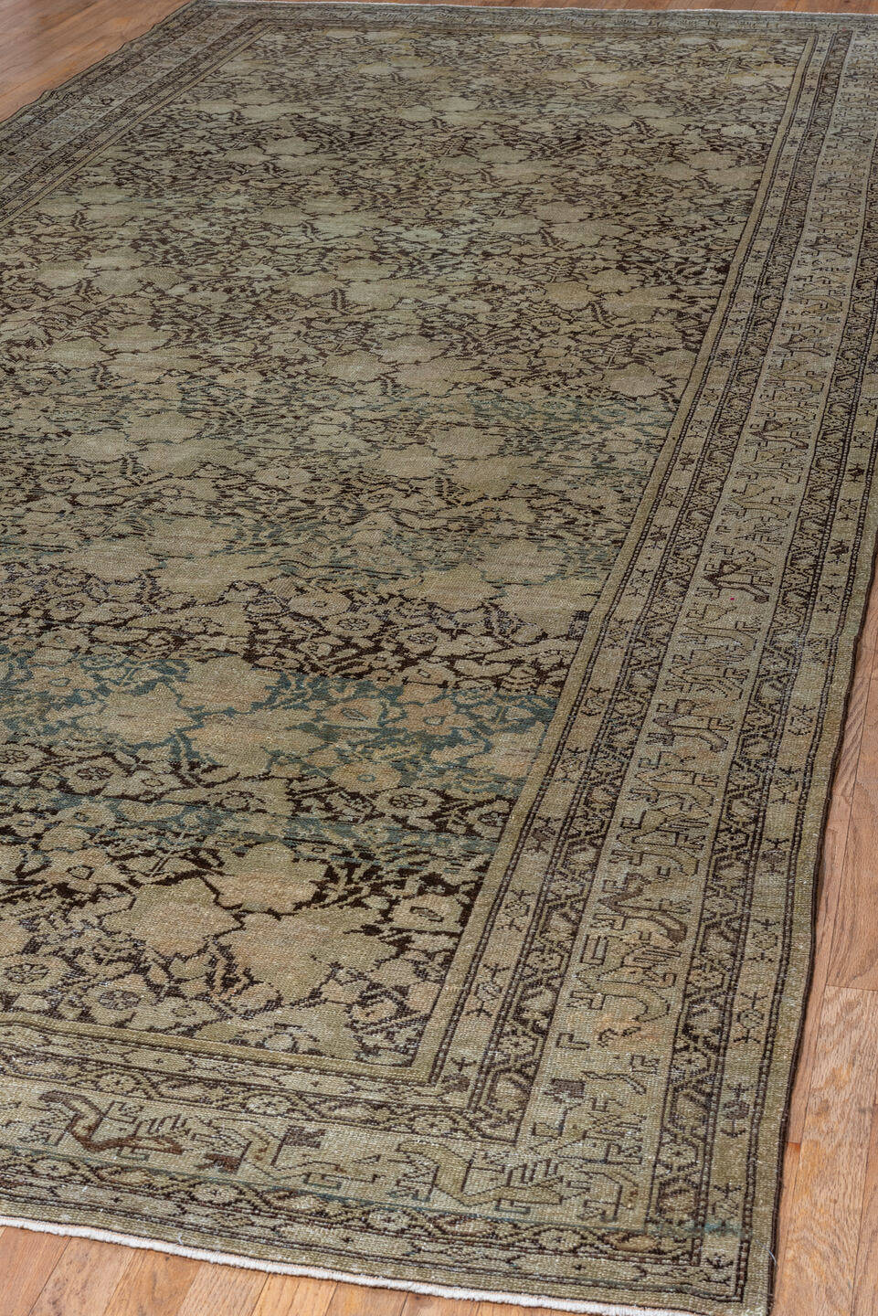 7' x 15' one-of-a-kind handmade antique Malayer rug. Color palette: ivory, taupe, brown, charcoal, pale blue, beige, gray