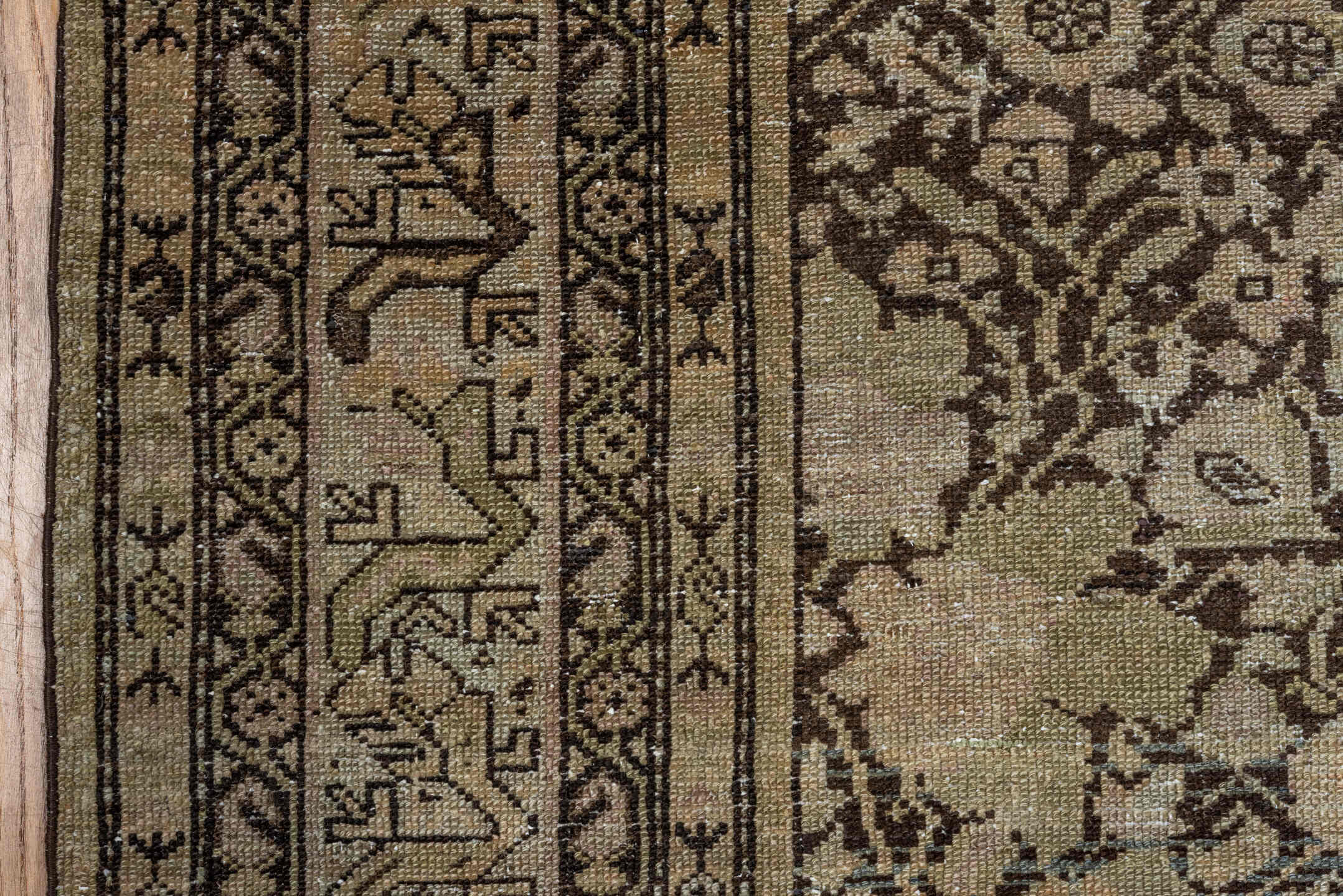 7' x 15' one-of-a-kind handmade antique Malayer rug. Color palette: ivory, taupe, brown, charcoal, pale blue, beige, gray