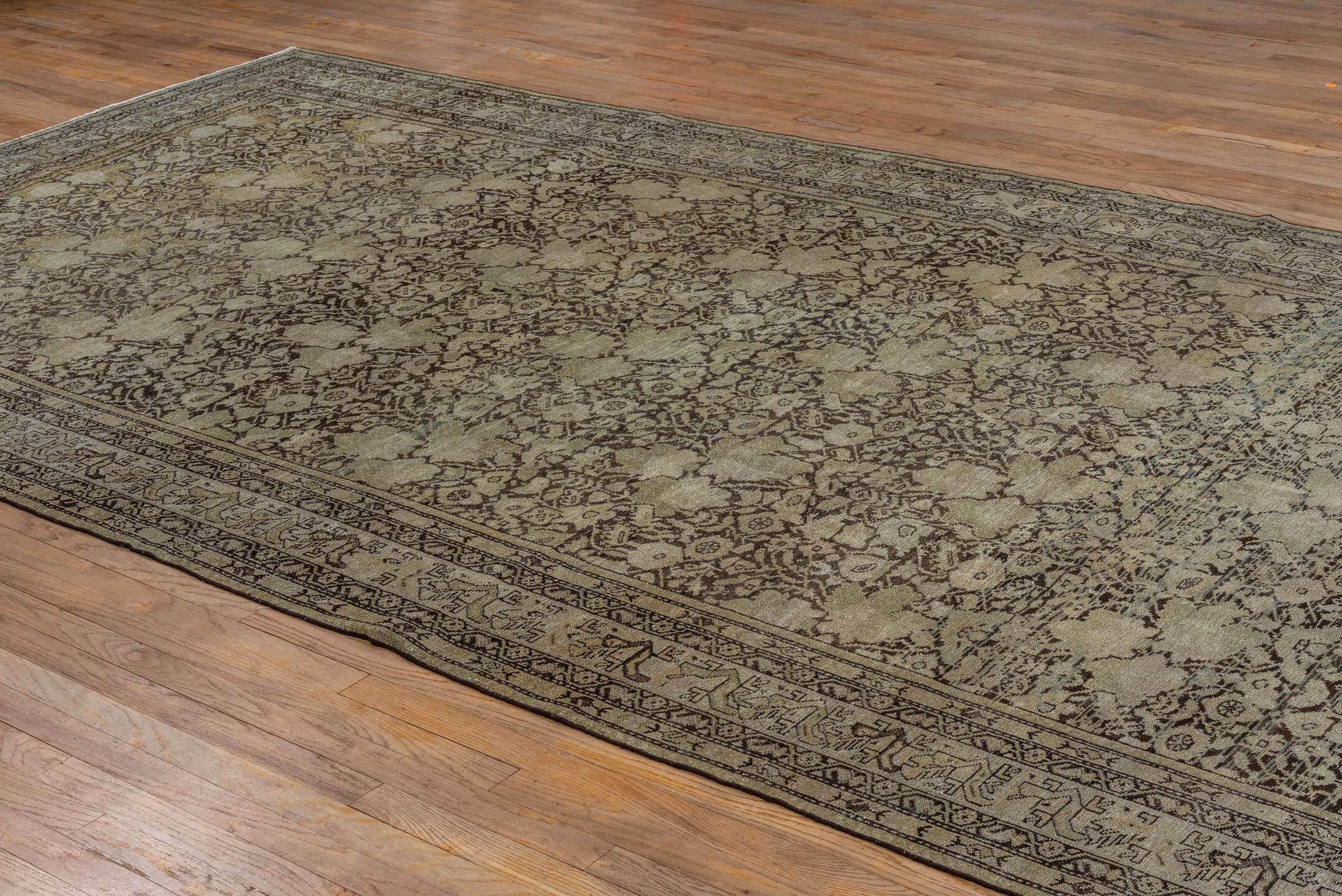 7' x 15' one-of-a-kind handmade antique Malayer rug. Color palette: ivory, taupe, brown, charcoal, pale blue, beige, gray