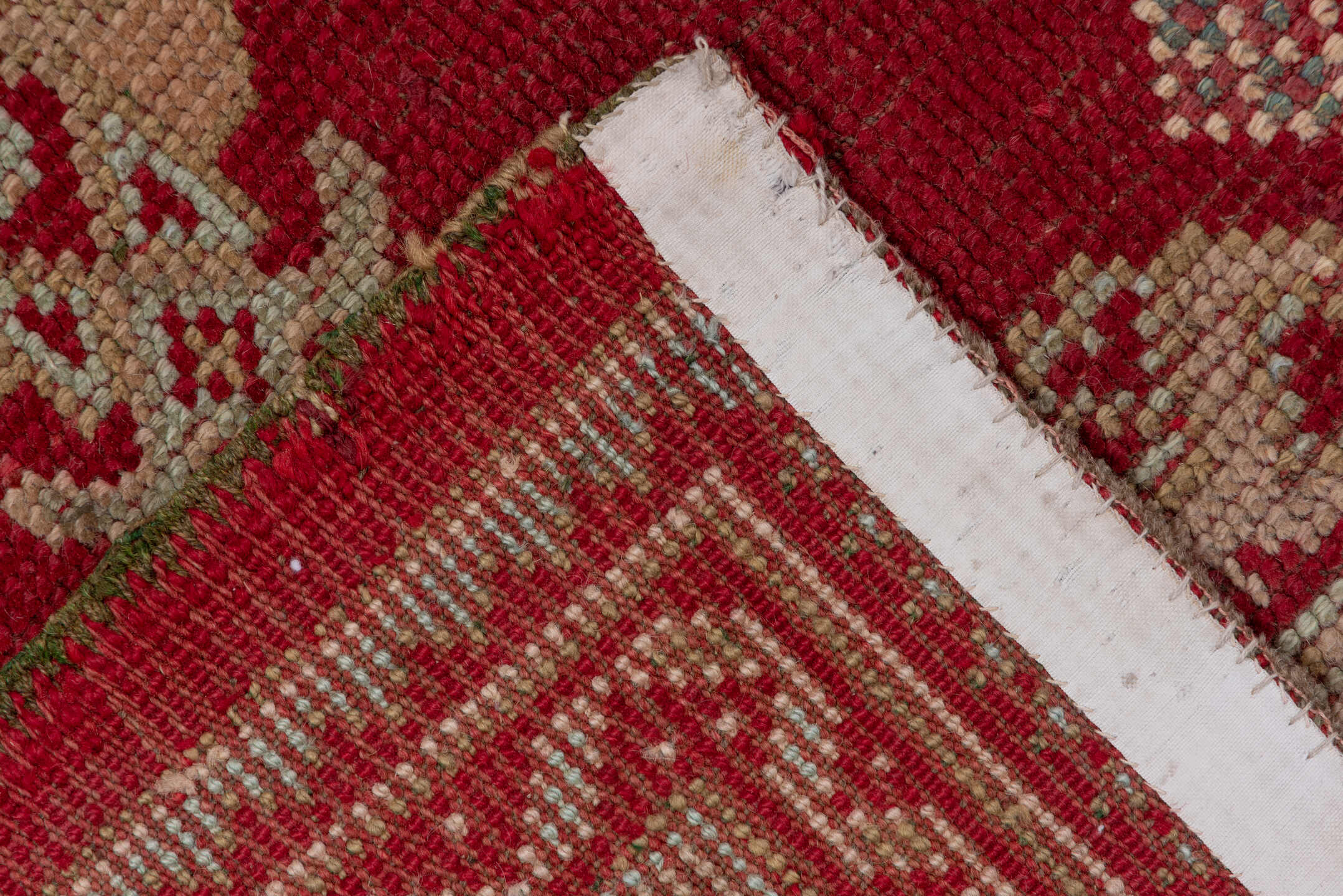 6' x 6' one-of-a-kind handmade antique Oushak rug. Color palette: crimson, ivory, rust, sky_blue, red, terracotta, brown