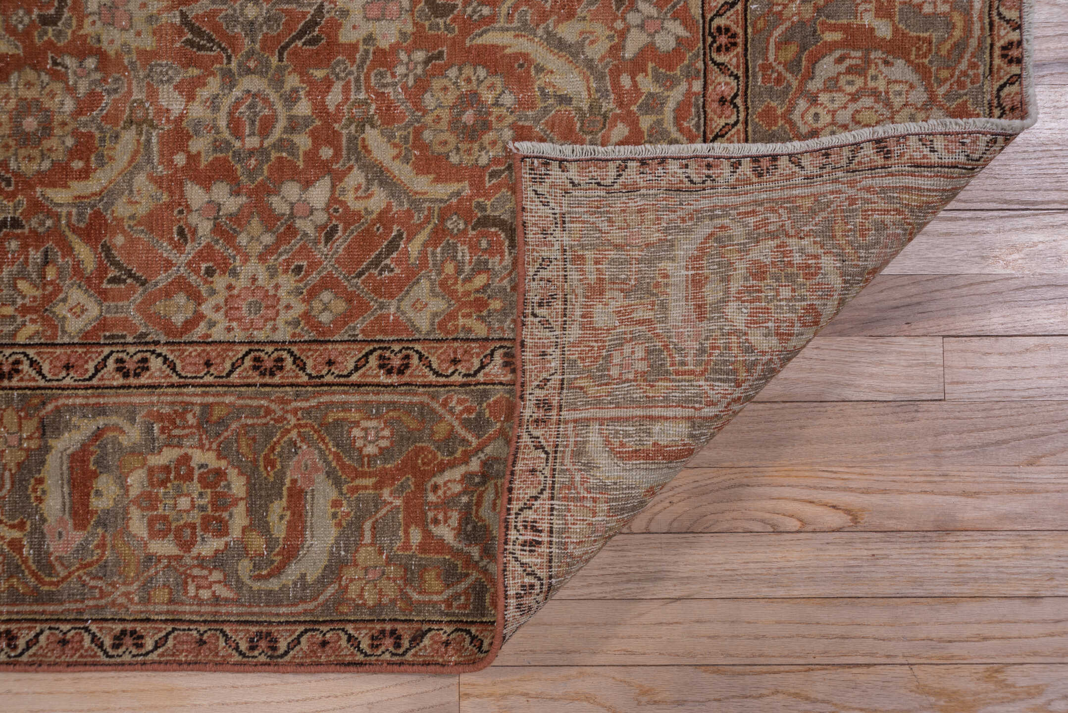 6' x 10' one-of-a-kind handmade antique Tabriz large size rug. Color palette: terra cotta, rust, slate, ivory, taupe, camel