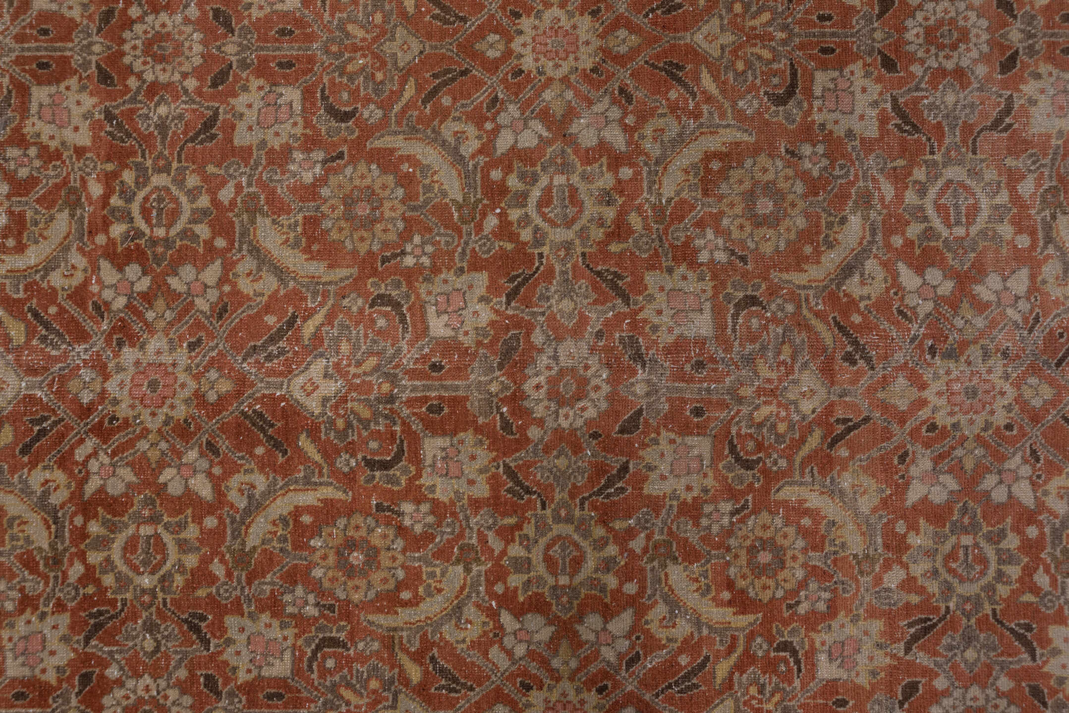 6' x 10' one-of-a-kind handmade antique Tabriz large size rug. Color palette: terra cotta, rust, slate, ivory, taupe, camel
