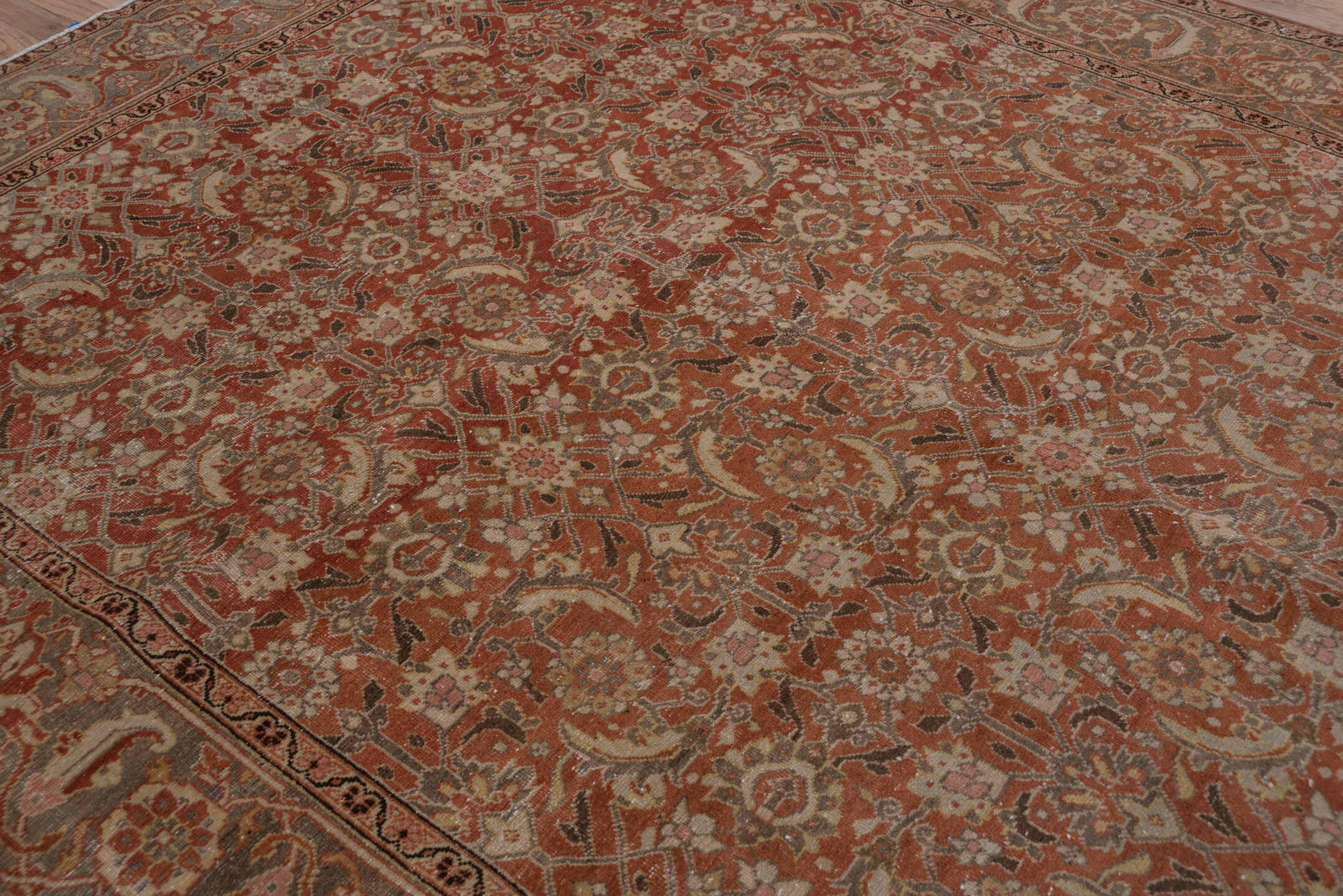 6' x 10' one-of-a-kind handmade antique Tabriz large size rug. Color palette: terra cotta, rust, slate, ivory, taupe, camel