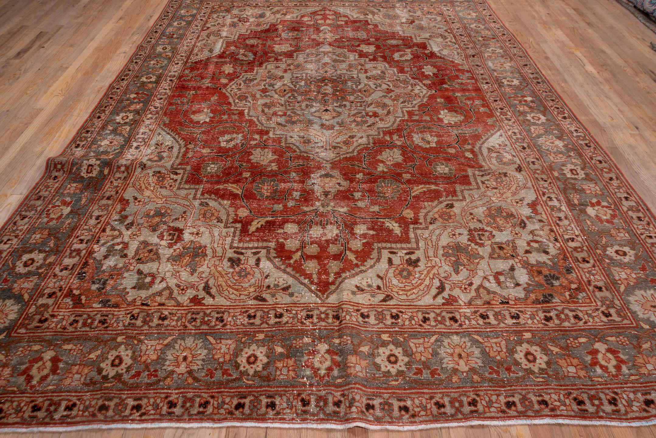 8' x 11' one-of-a-kind handmade antique Tabriz large size rug. Color palette: rust, ivory, slate, terra cotta, taupe