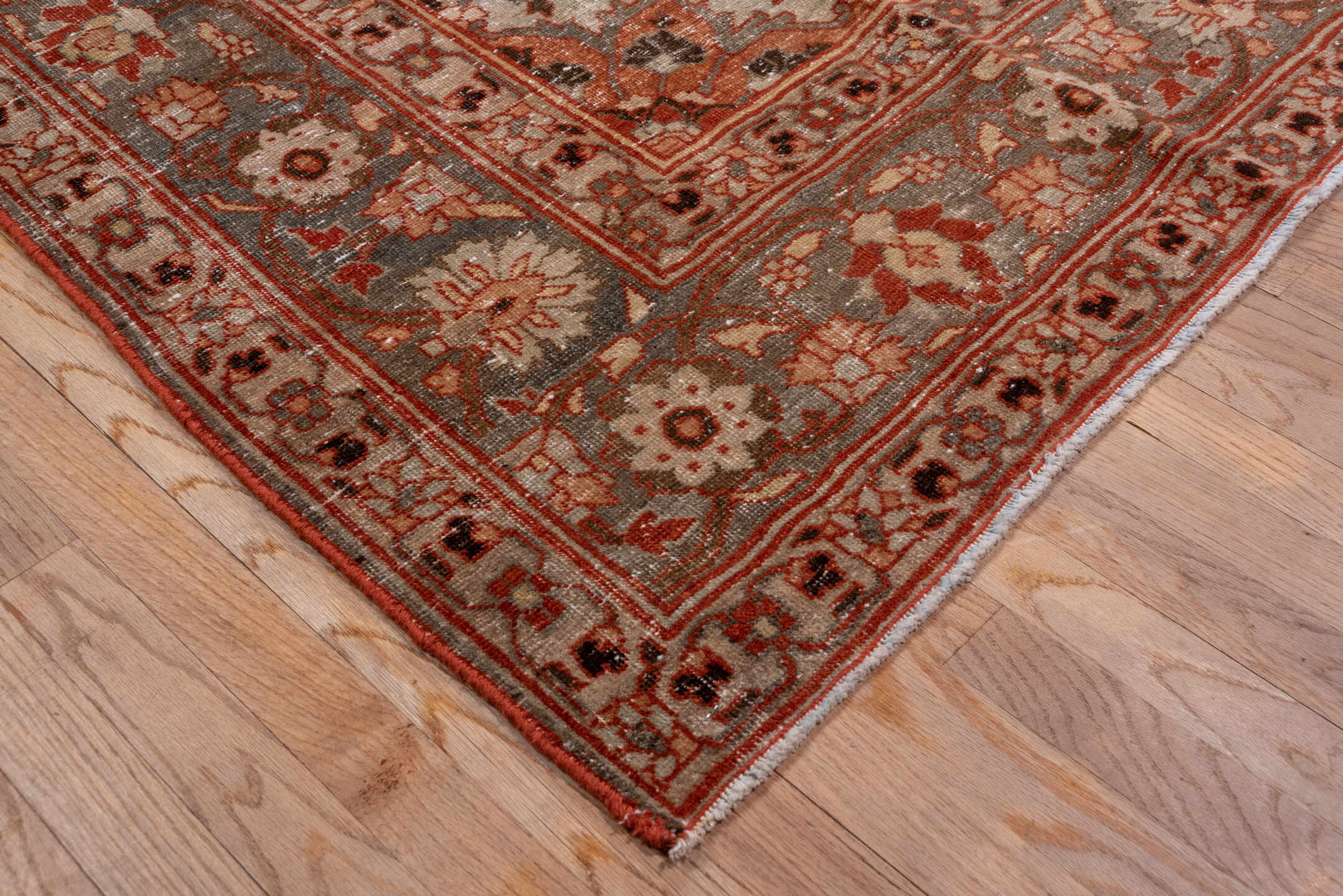 8' x 11' one-of-a-kind handmade antique Tabriz large size rug. Color palette: rust, ivory, slate, terra cotta, taupe