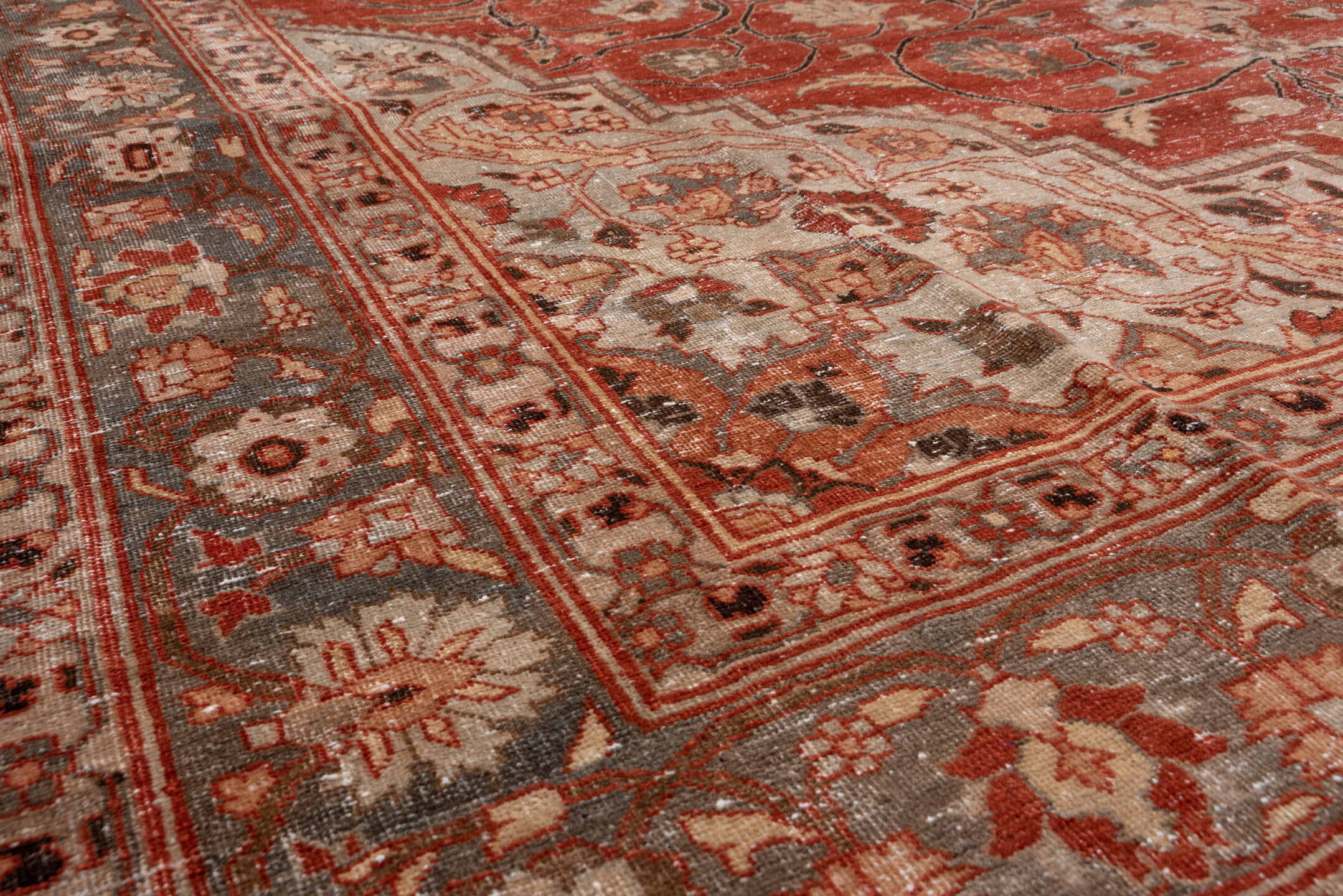 8' x 11' one-of-a-kind handmade antique Tabriz large size rug. Color palette: rust, ivory, slate, terra cotta, taupe