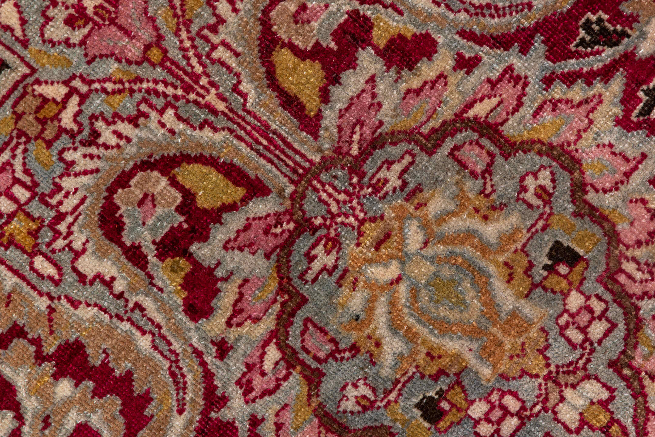 8' x 11' one-of-a-kind handmade vintage Meshed large size rug. Color palette: brown, gray, light gray, off-white, pink, red