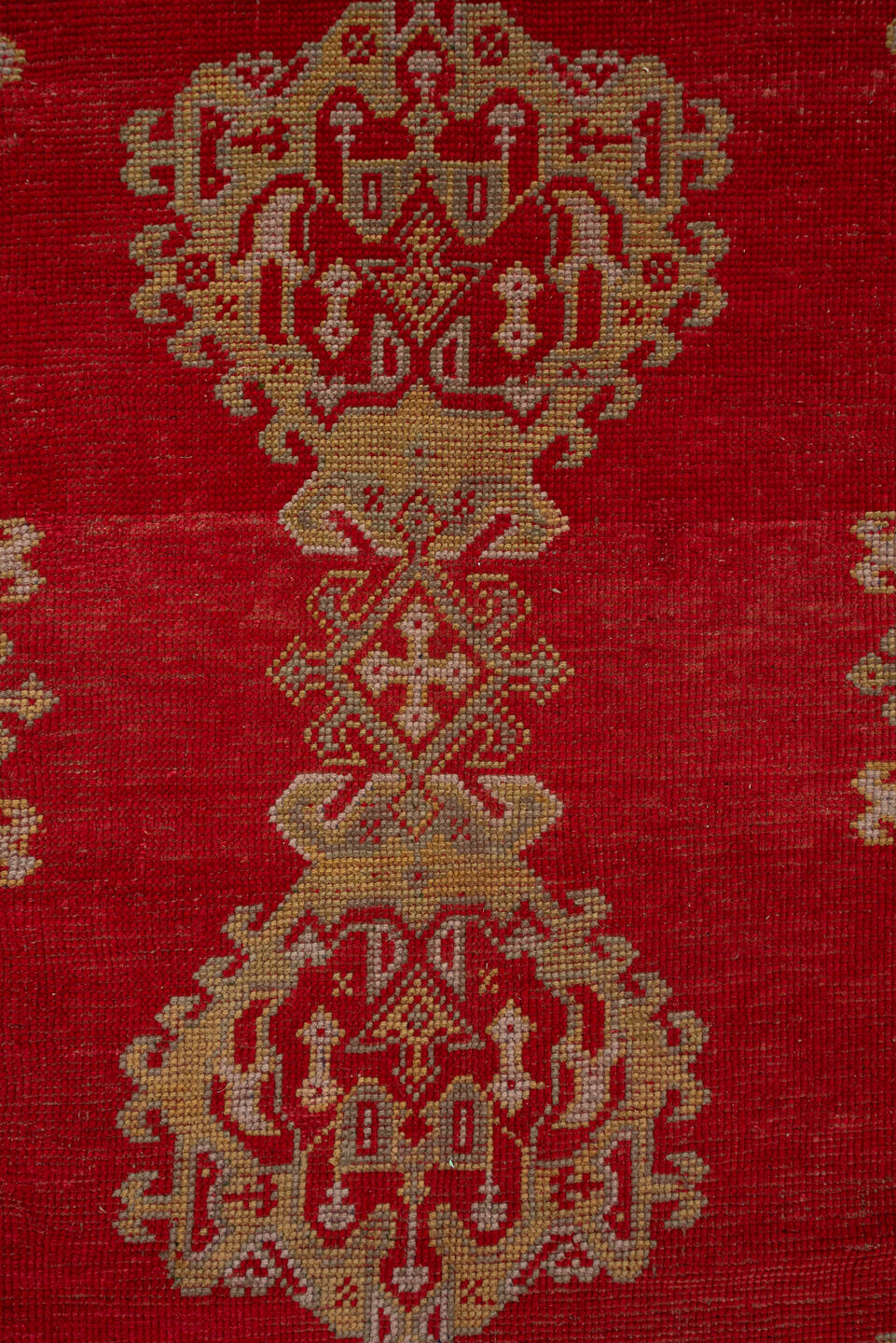 13' x 15' one-of-a-kind handmade antique Oushak oversize rug. Color palette: red, ivory, gold, rust, rose, terracotta, brown