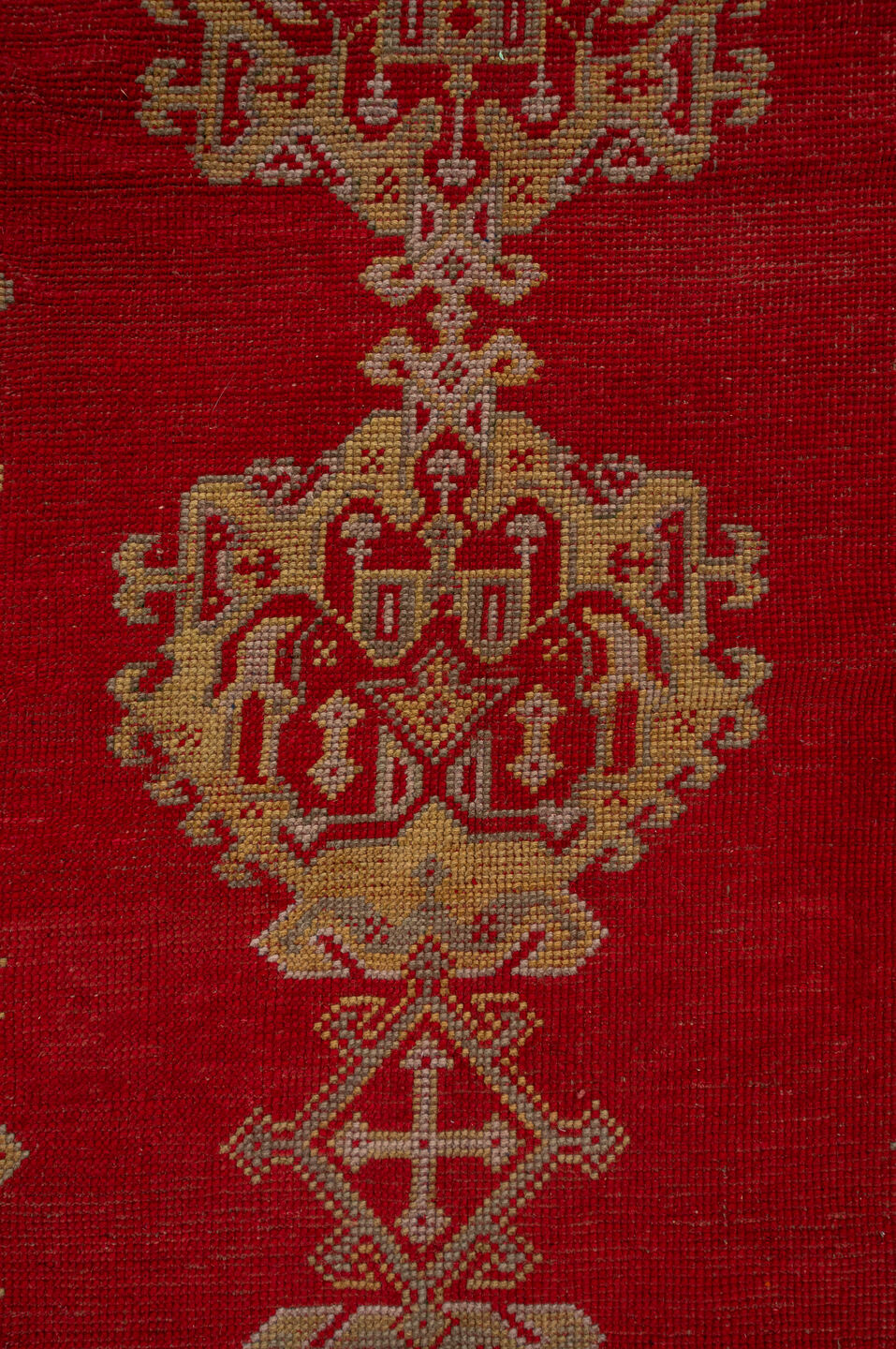 13' x 15' one-of-a-kind handmade antique Oushak oversize rug. Color palette: red, ivory, gold, rust, rose, terracotta, brown