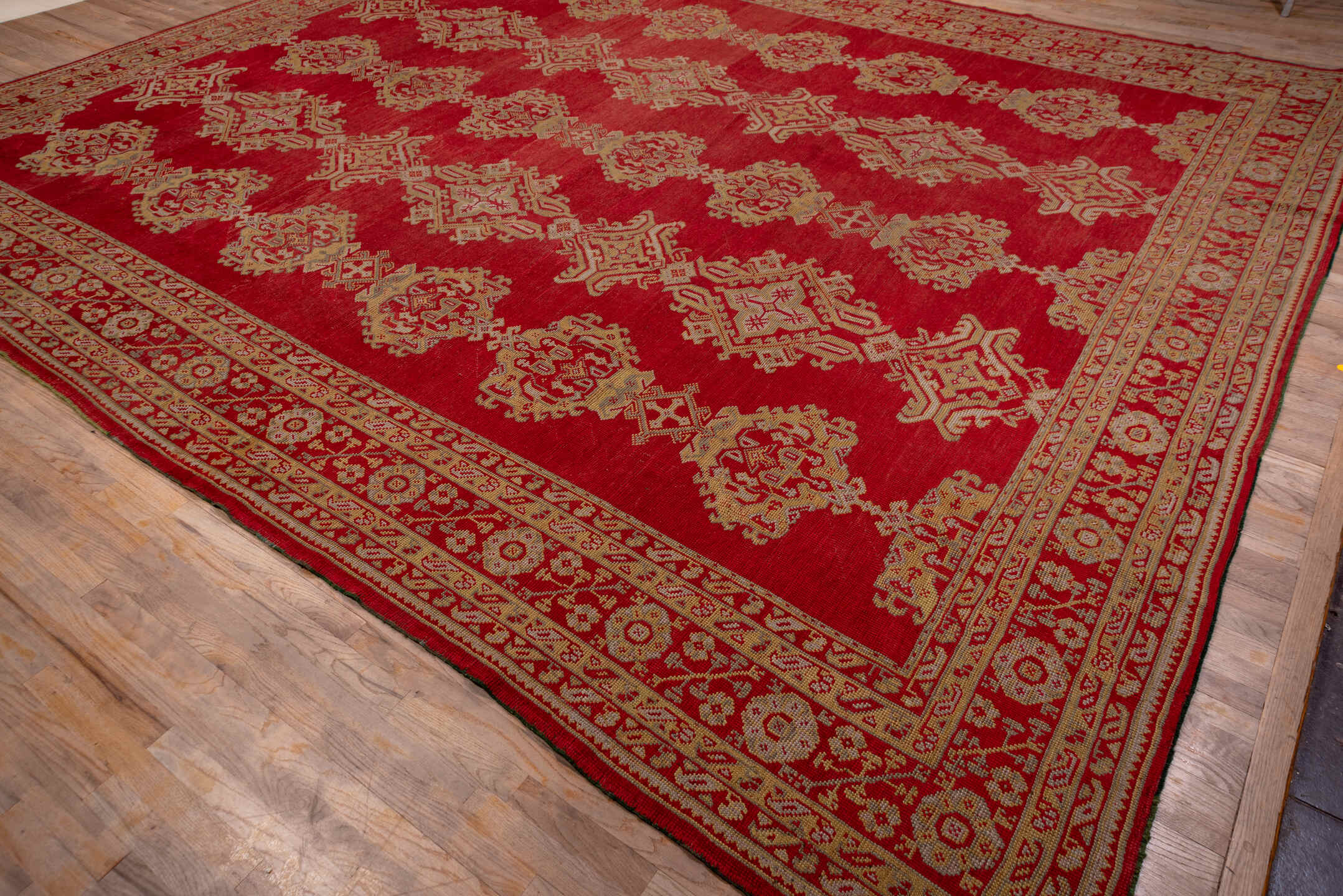 13' x 15' one-of-a-kind handmade antique Oushak oversize rug. Color palette: red, ivory, gold, rust, rose, terracotta, brown