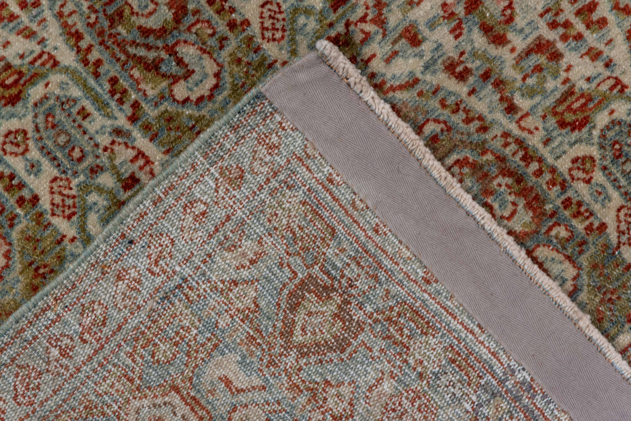 4' x 6' one-of-a-kind handmade antique Senne small size rug. Color palette: ivory, rust, light blue, sage, taupe, camel