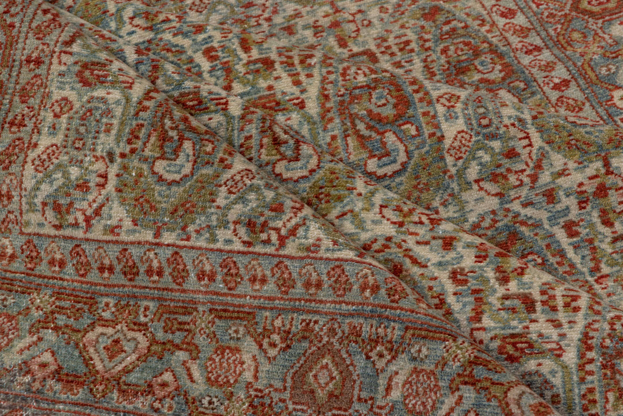 4' x 6' one-of-a-kind handmade antique Senne small size rug. Color palette: ivory, rust, light blue, sage, taupe, camel