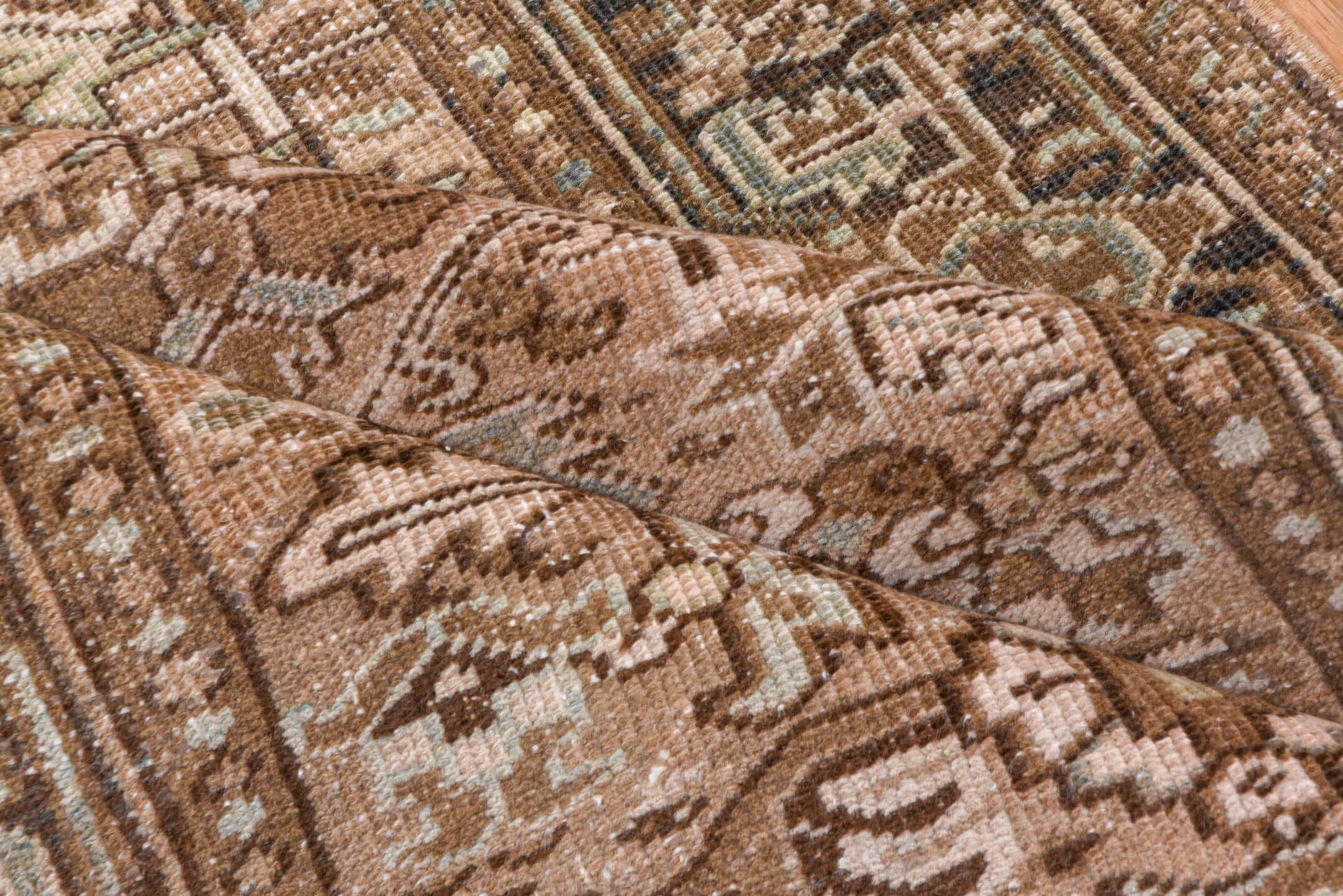 3' x 8' one-of-a-kind handmade antique Heriz runner rug. Color palette: taupe, brown, camel, ivory, beige, slate, gray