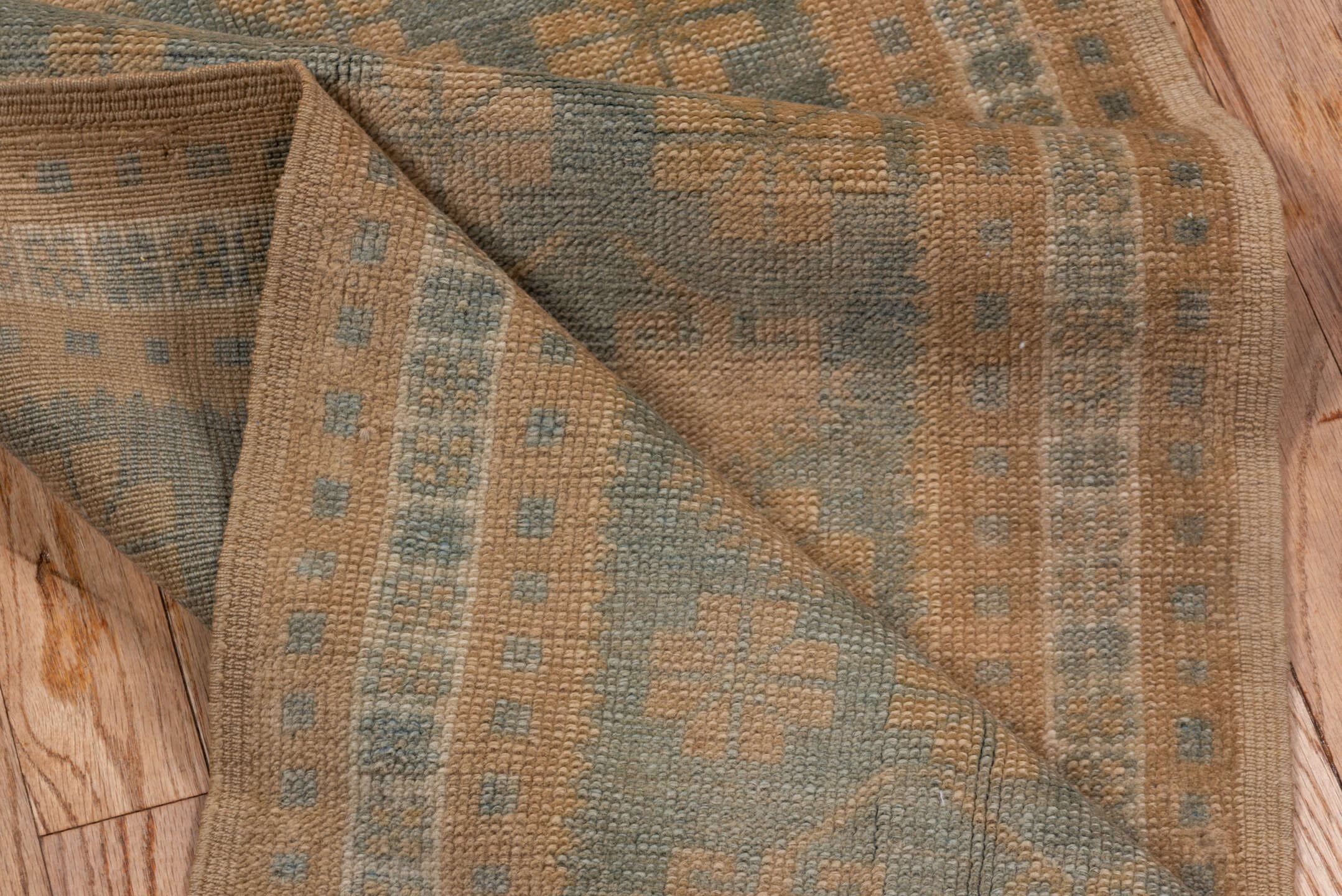 1' x 9' one-of-a-kind handmade antique Oushak rug. Color palette: camel, taupe, slate, ivory, sage, beige, gray, green