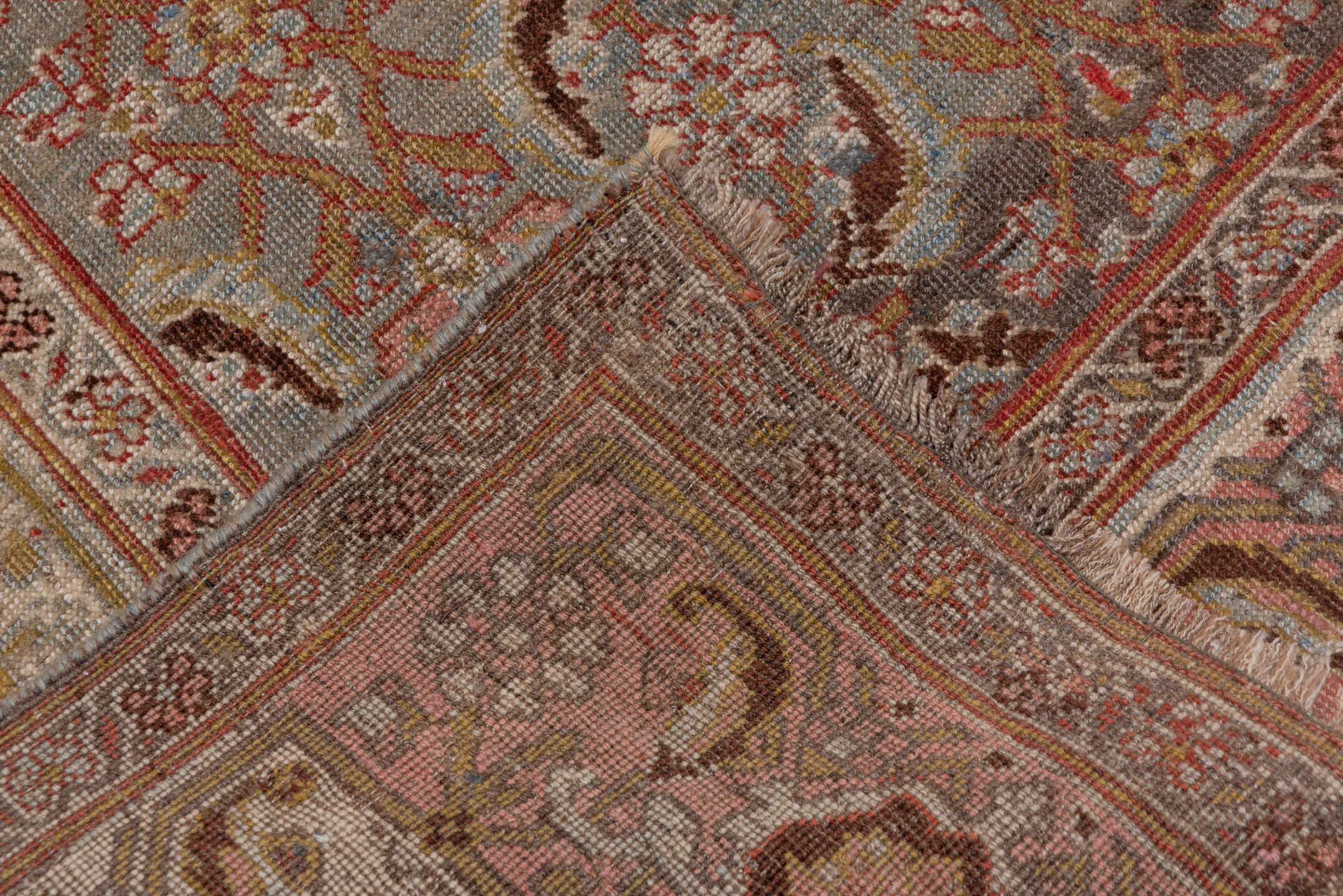 3' x 17' one-of-a-kind handmade vintage Bidjar runner rug. Color palette: brown, gray, light gray, off-white, pink, snow