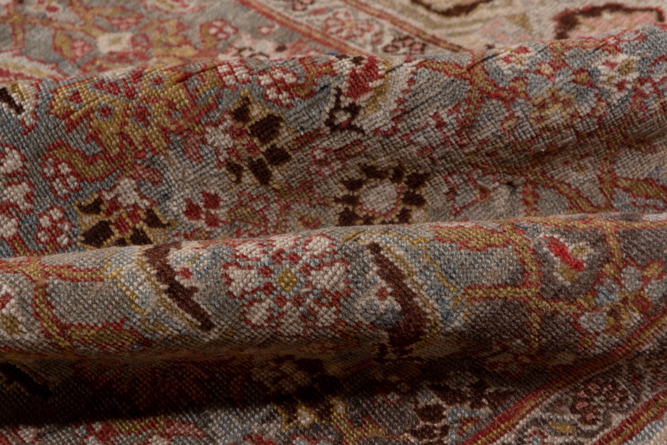 3' x 17' one-of-a-kind handmade antique Bidjar runner rug. Color palette: rose, ivory, slate blue, taupe, rust, camel, brown
