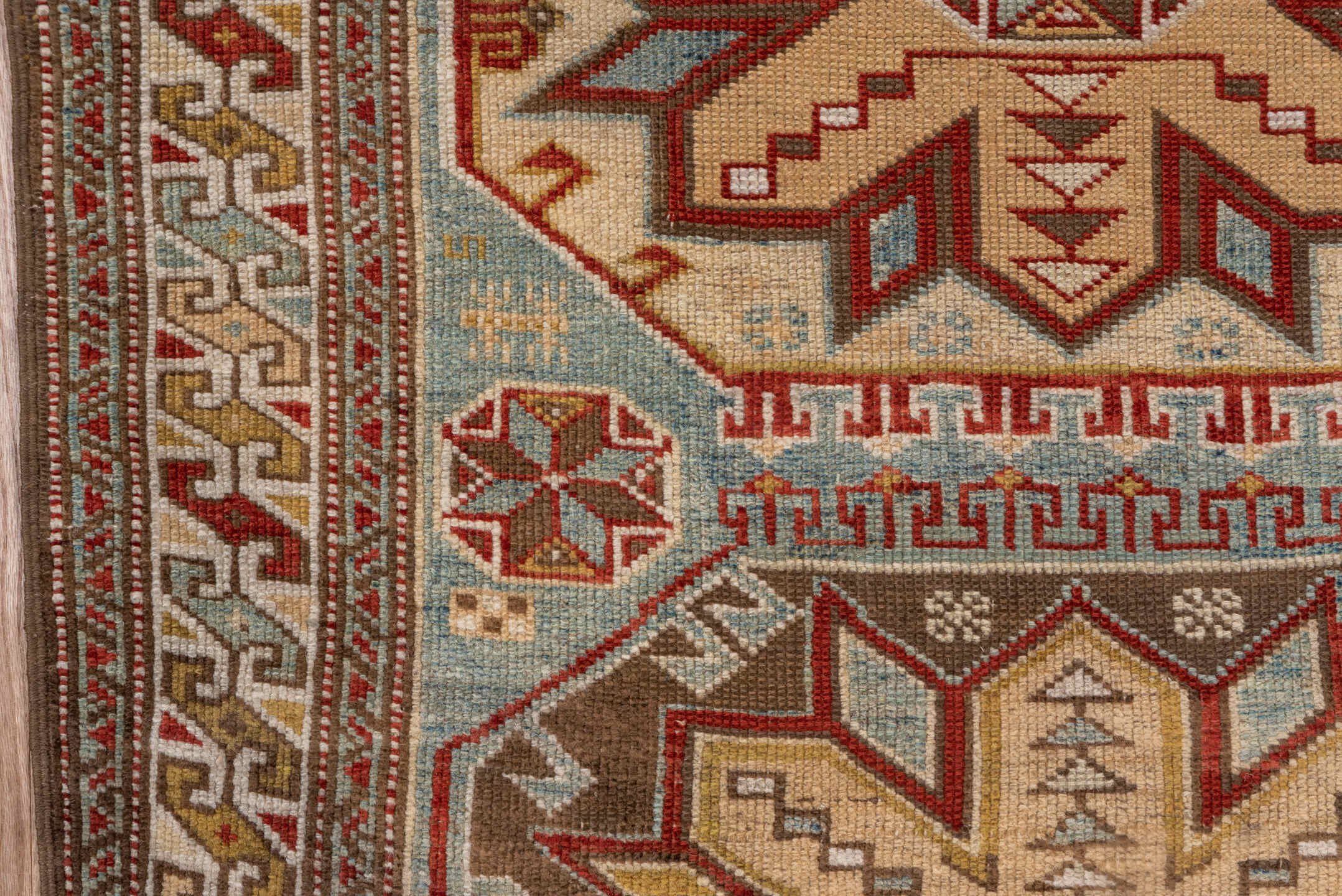 3' x 5' one-of-a-kind handmade antique Shirvan small size rug. Color palette: ivory, pale blue, rust, brown, camel, taupe