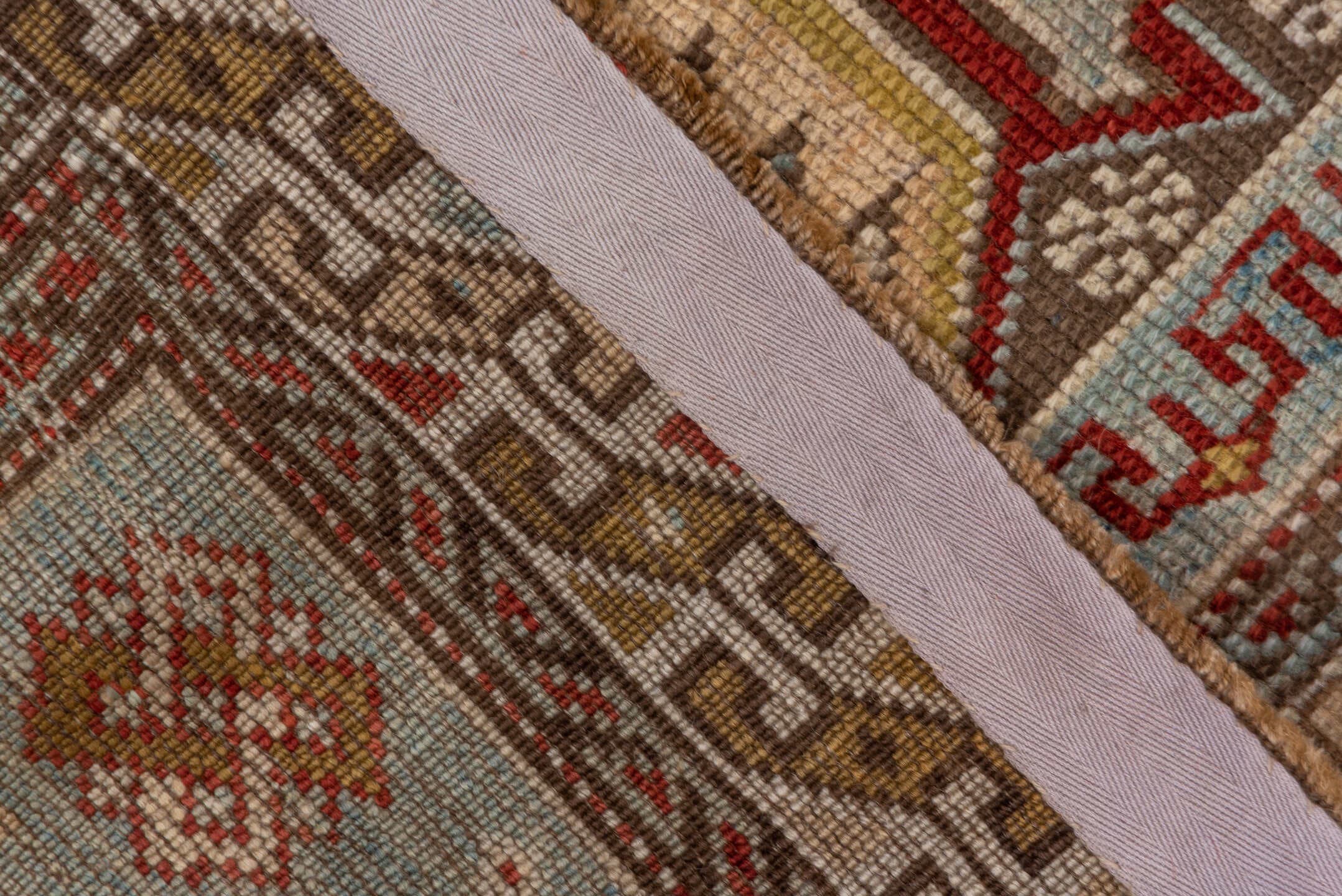 3' x 5' one-of-a-kind handmade antique Shirvan small size rug. Color palette: ivory, pale blue, rust, brown, camel, taupe