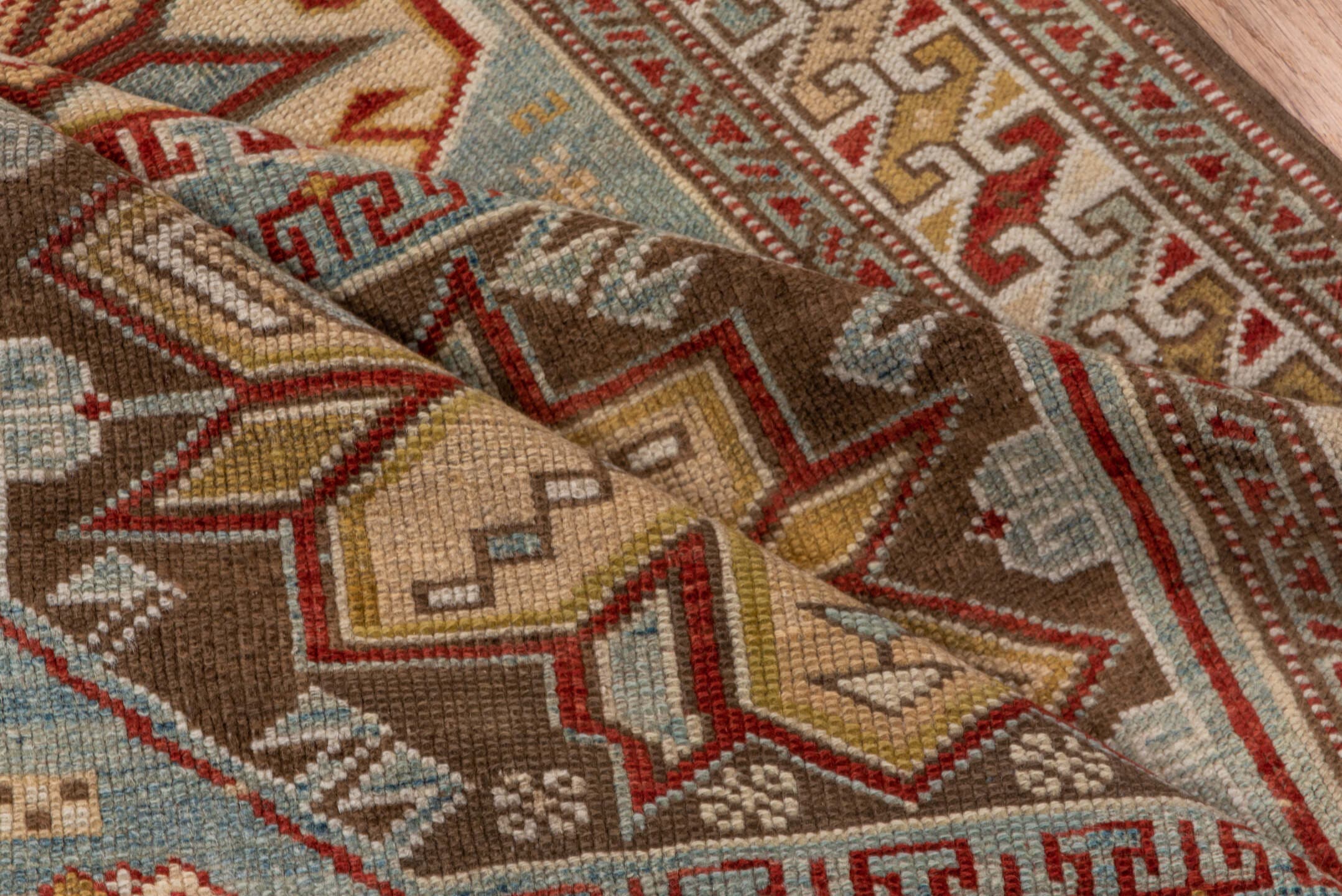 3' x 5' one-of-a-kind handmade antique Shirvan small size rug. Color palette: ivory, pale blue, rust, brown, camel, taupe