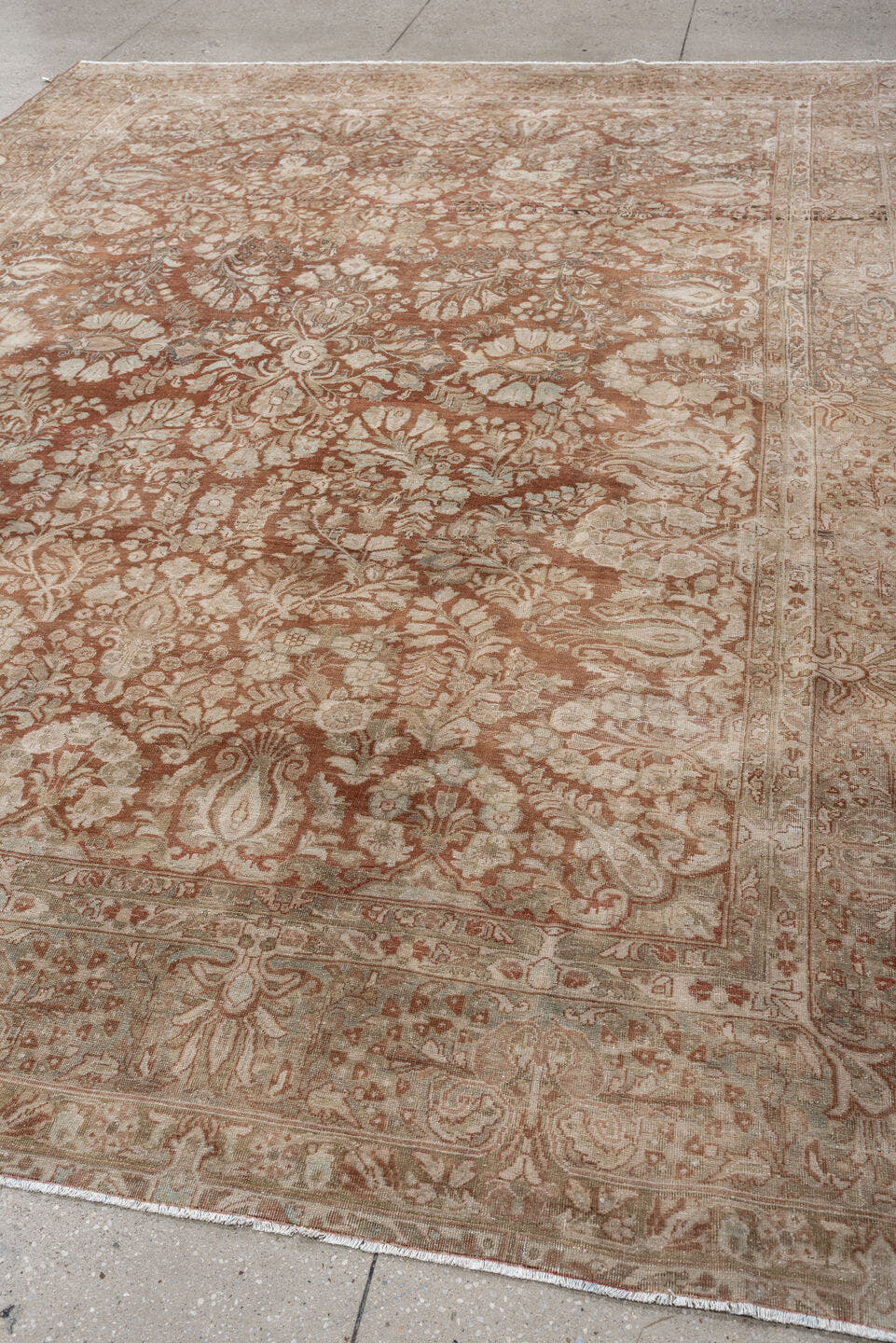 8' x 11' one-of-a-kind handmade antique Sarouk large size rug. Color palette: terracotta, ivory, taupe, camel, rose, sage