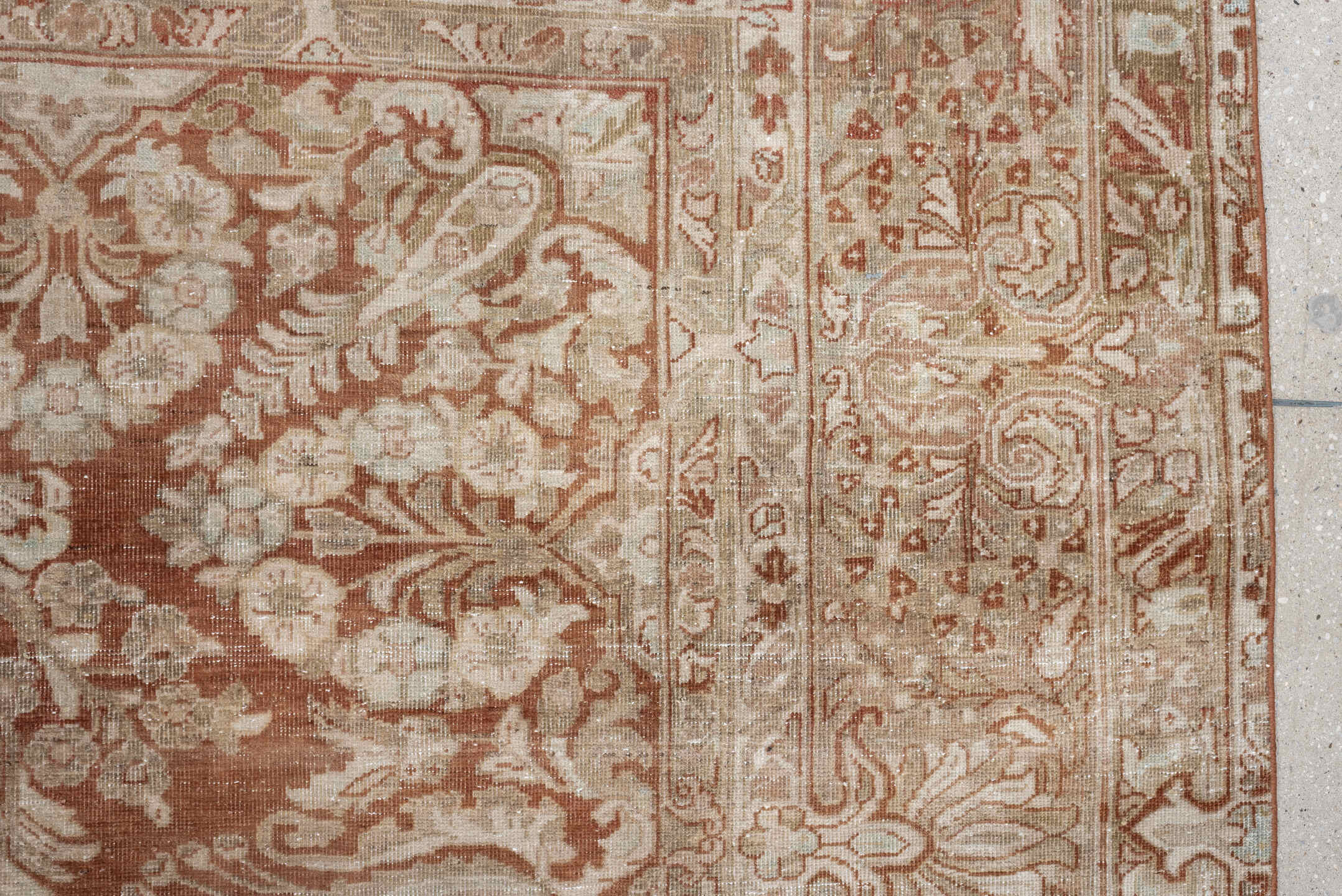 8' x 11' one-of-a-kind handmade antique Sarouk large size rug. Color palette: terracotta, ivory, taupe, camel, rose, sage