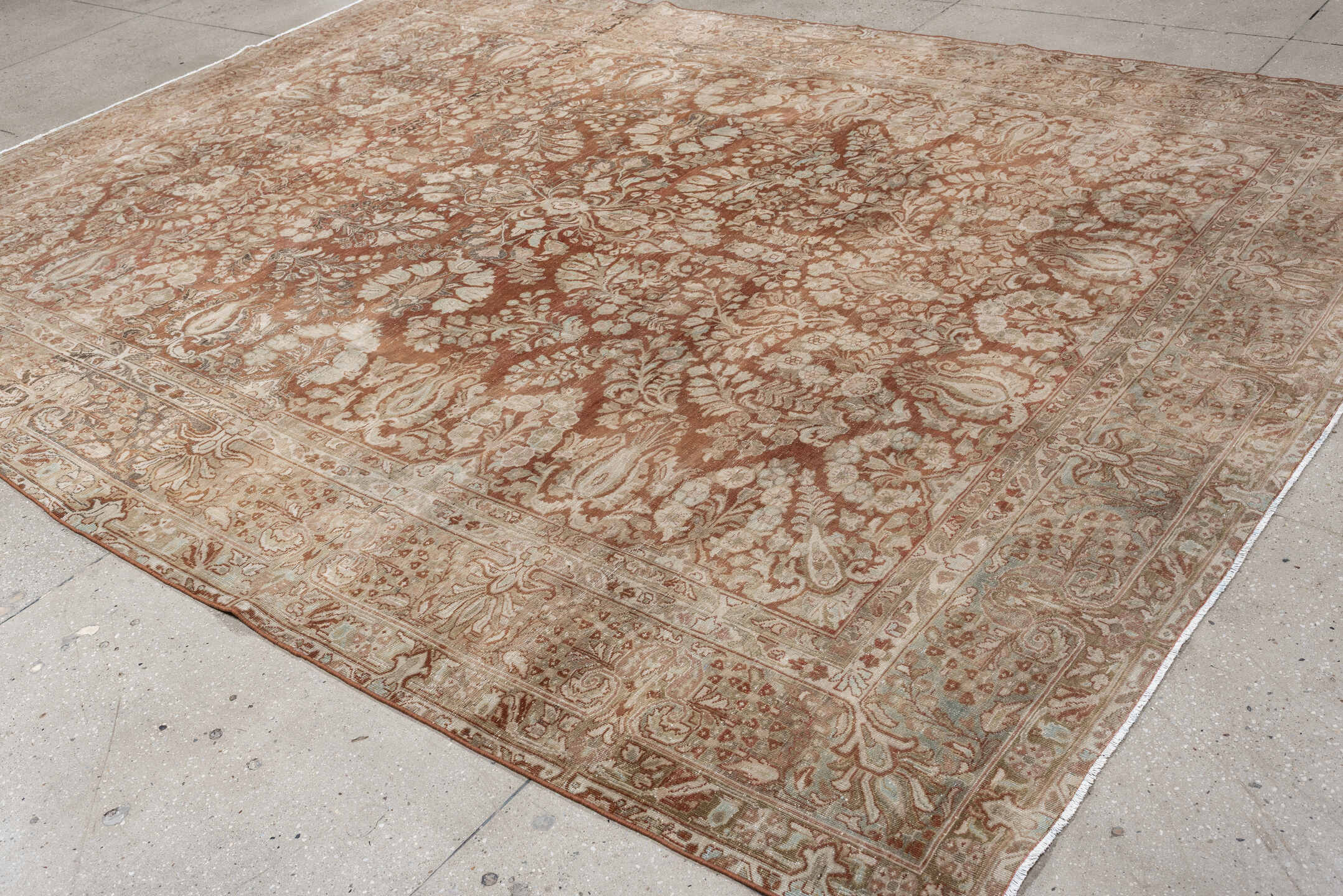 8' x 11' one-of-a-kind handmade antique Sarouk large size rug. Color palette: terracotta, ivory, taupe, camel, rose, sage