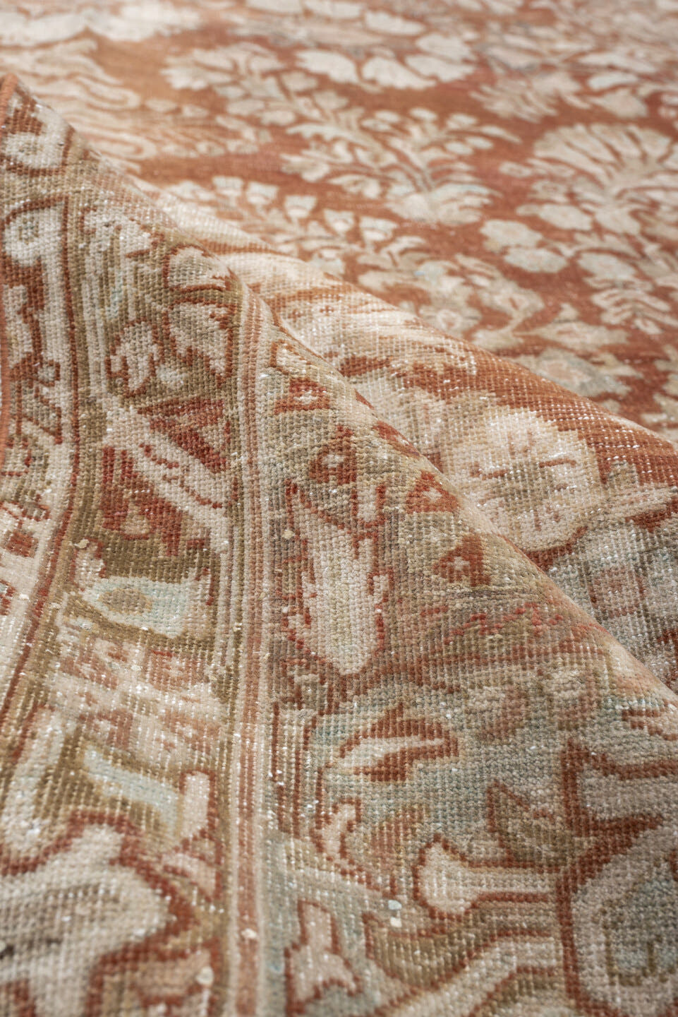 8' x 11' one-of-a-kind handmade antique Sarouk large size rug. Color palette: terracotta, ivory, taupe, camel, rose, sage