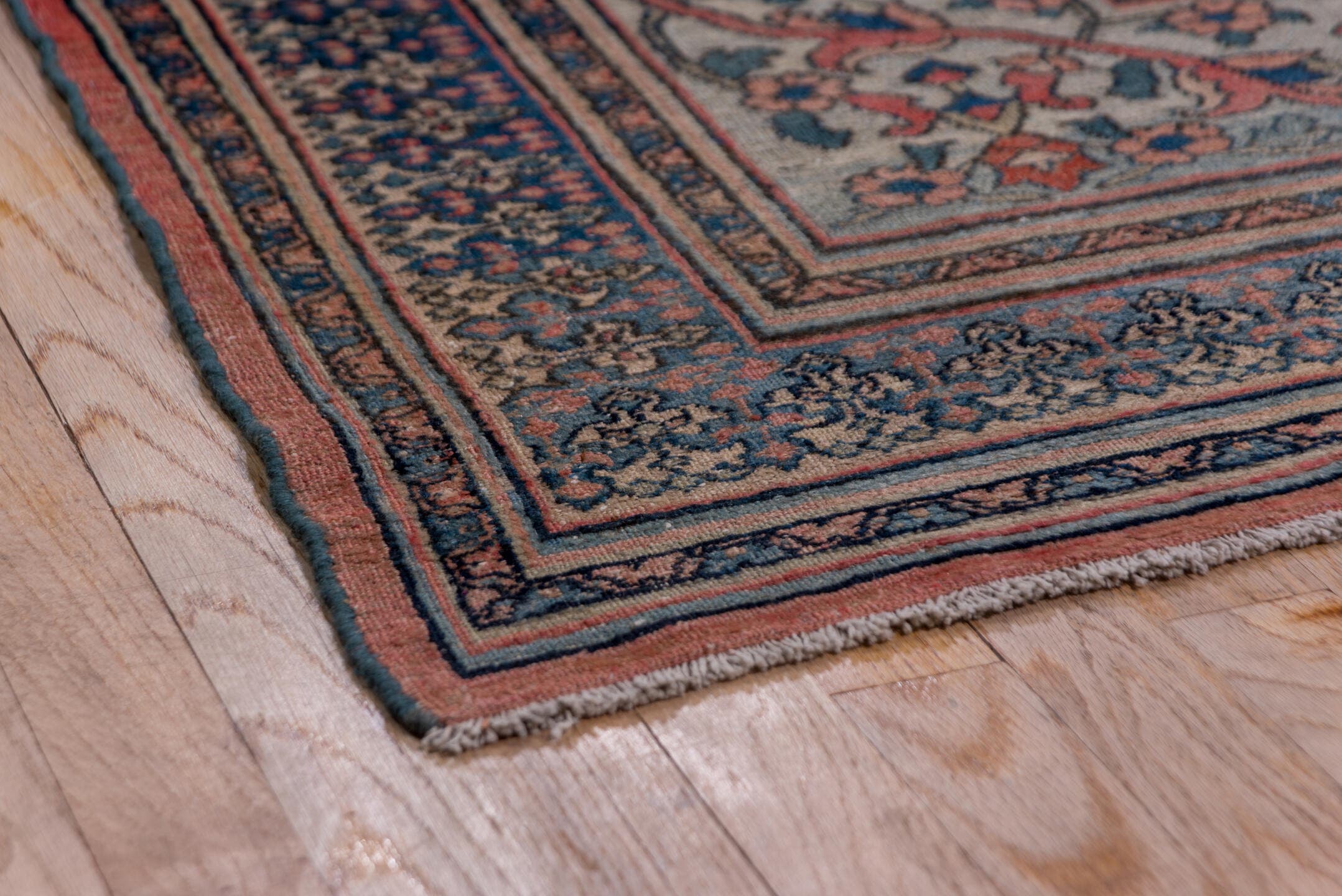 10' x 14' one-of-a-kind handmade antique Khorassan large size rug. Color palette: terra cotta, navy, pale blue, ivory, rust