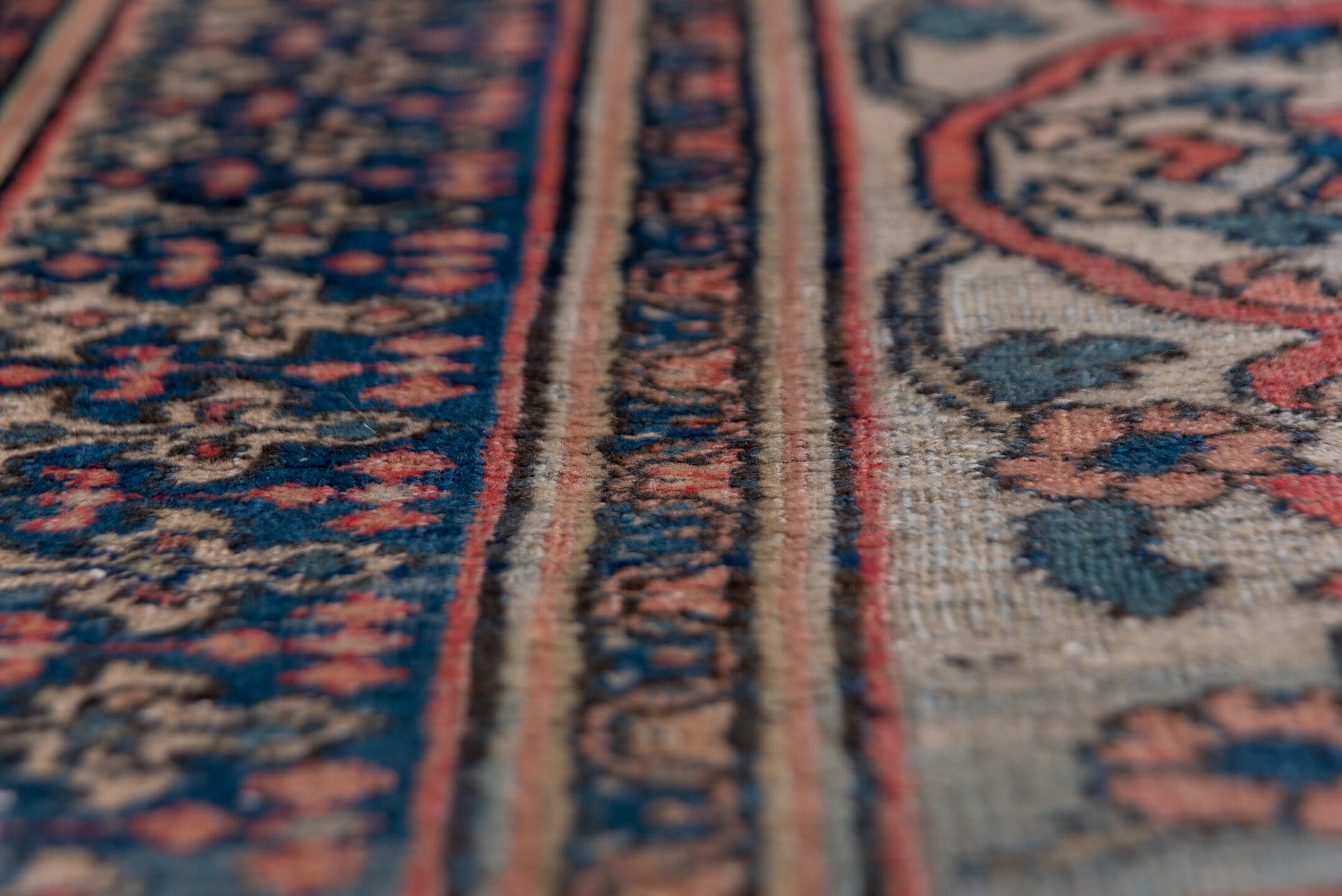 10' x 14' one-of-a-kind handmade antique Khorassan large size rug. Color palette: terra cotta, navy, pale blue, ivory, rust