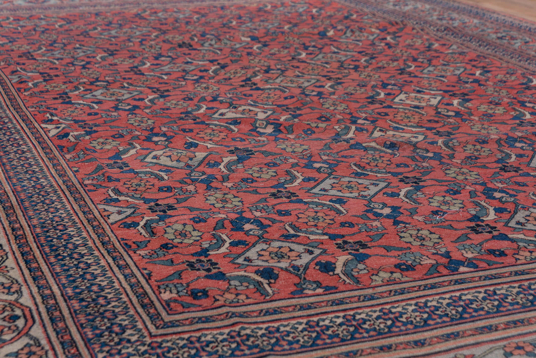 10' x 14' one-of-a-kind handmade antique Khorassan large size rug. Color palette: terra cotta, navy, pale blue, ivory, rust